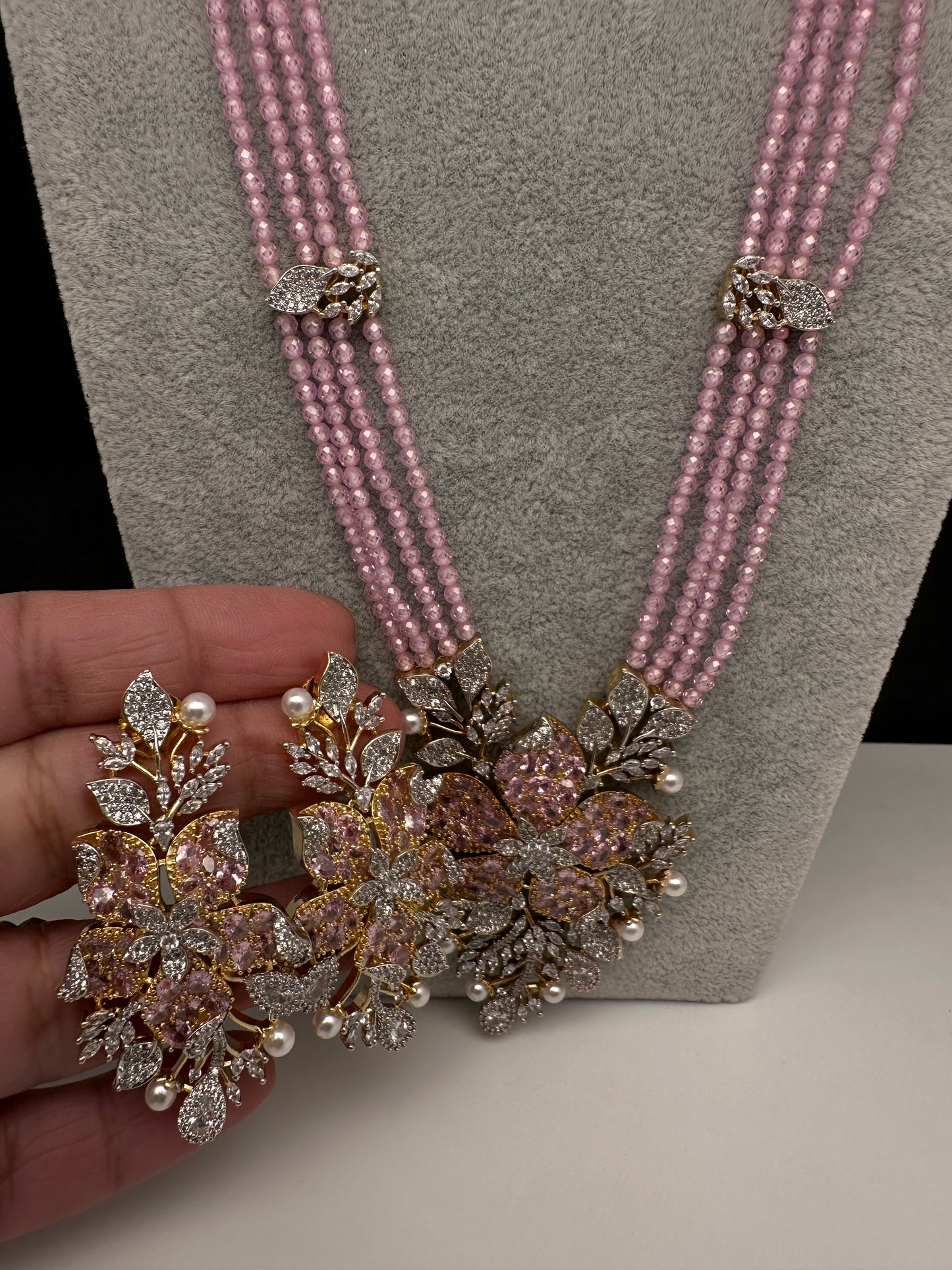 CZ Nano Stones Beads Long Color  Necklace - Pink