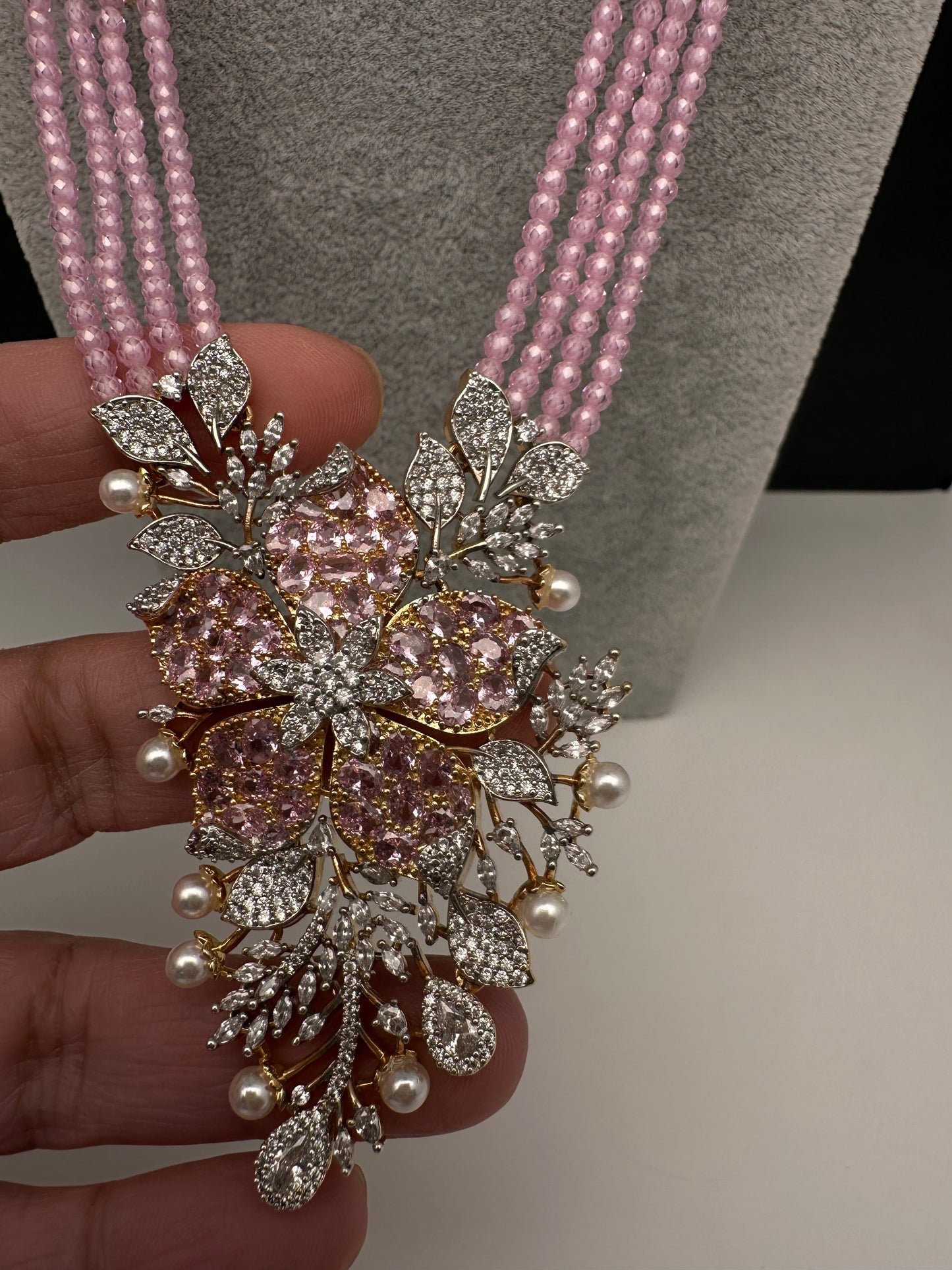 CZ Nano Stones Beads Long Color  Necklace - Pink