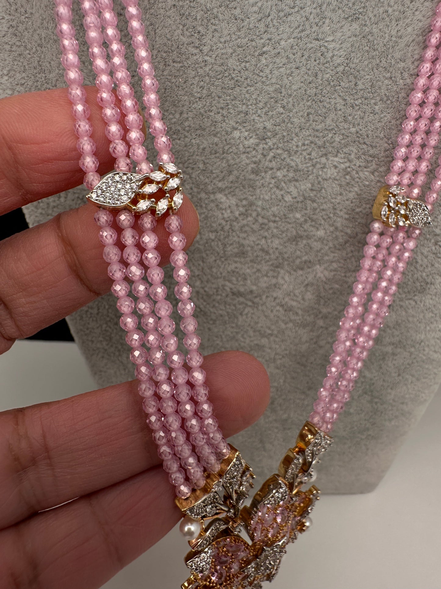 CZ Nano Stones Beads Long Color  Necklace - Pink