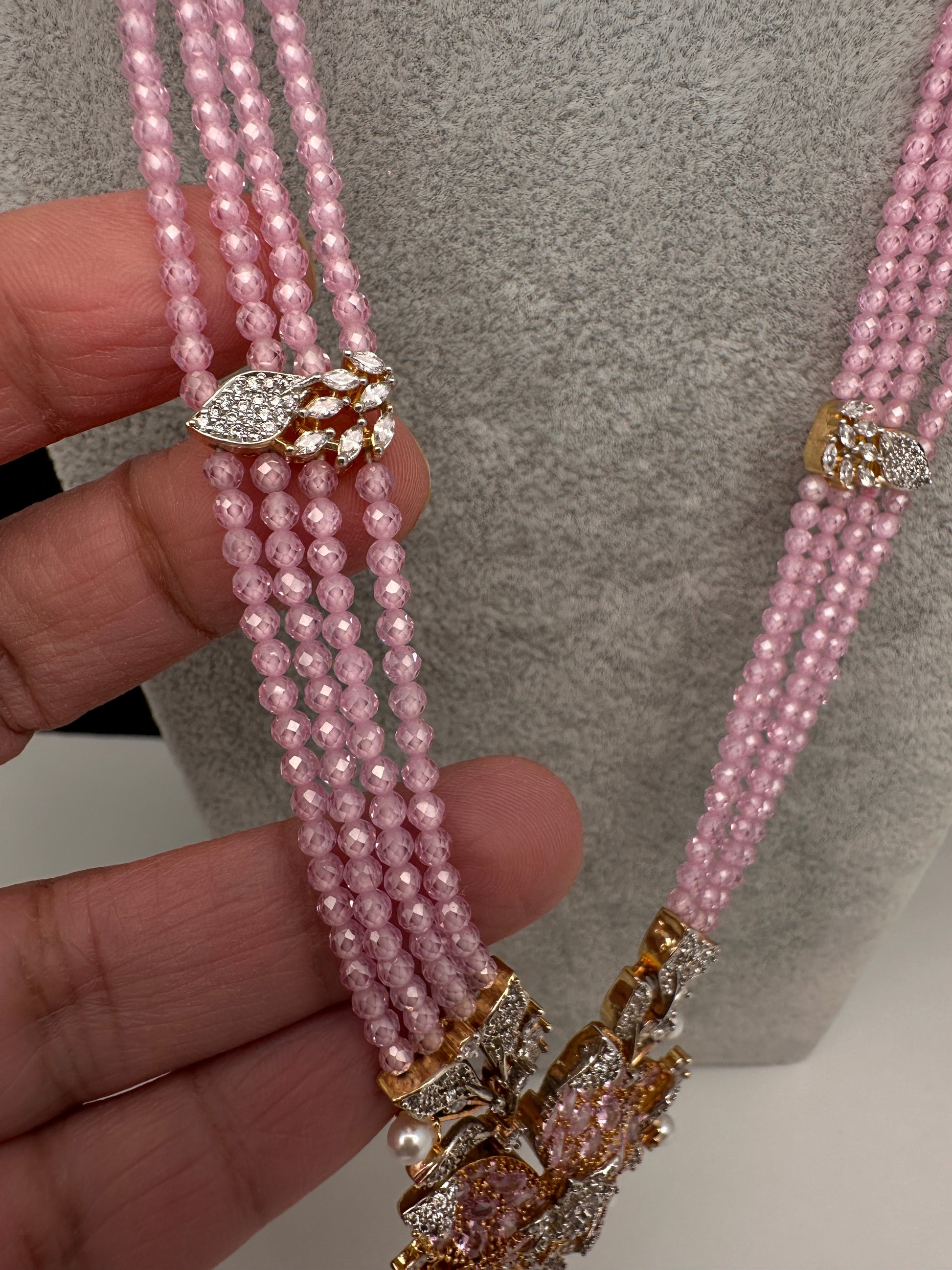 CZ Nano Stones Beads Long Color  Necklace - Pink