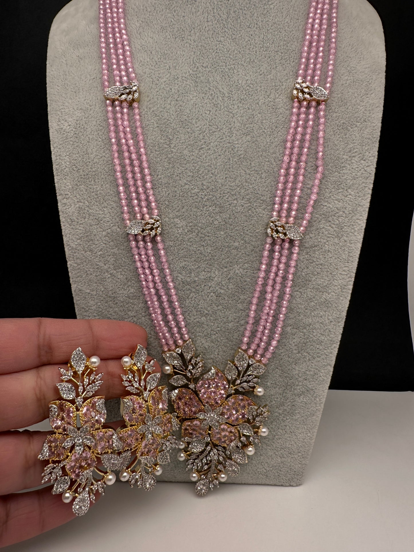 CZ Nano Stones Beads Long Color  Necklace - Pink