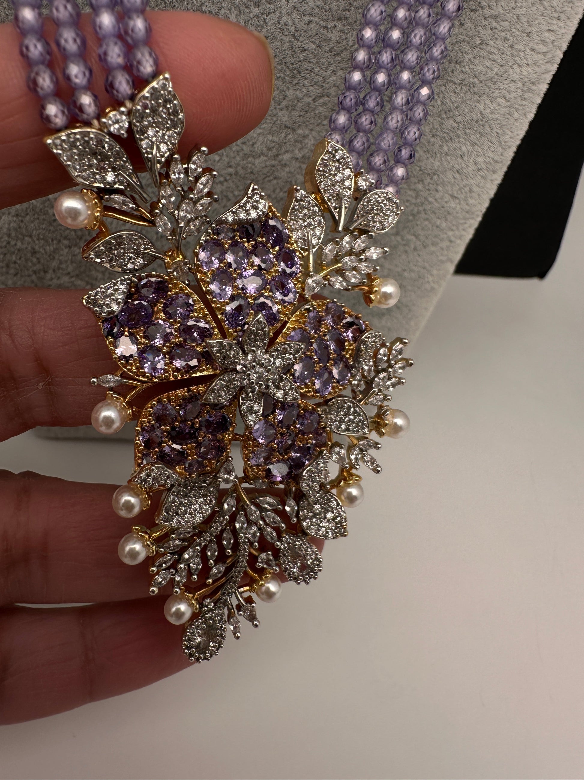 CZ Nano Stones Beads Long Color  Necklace - Purple