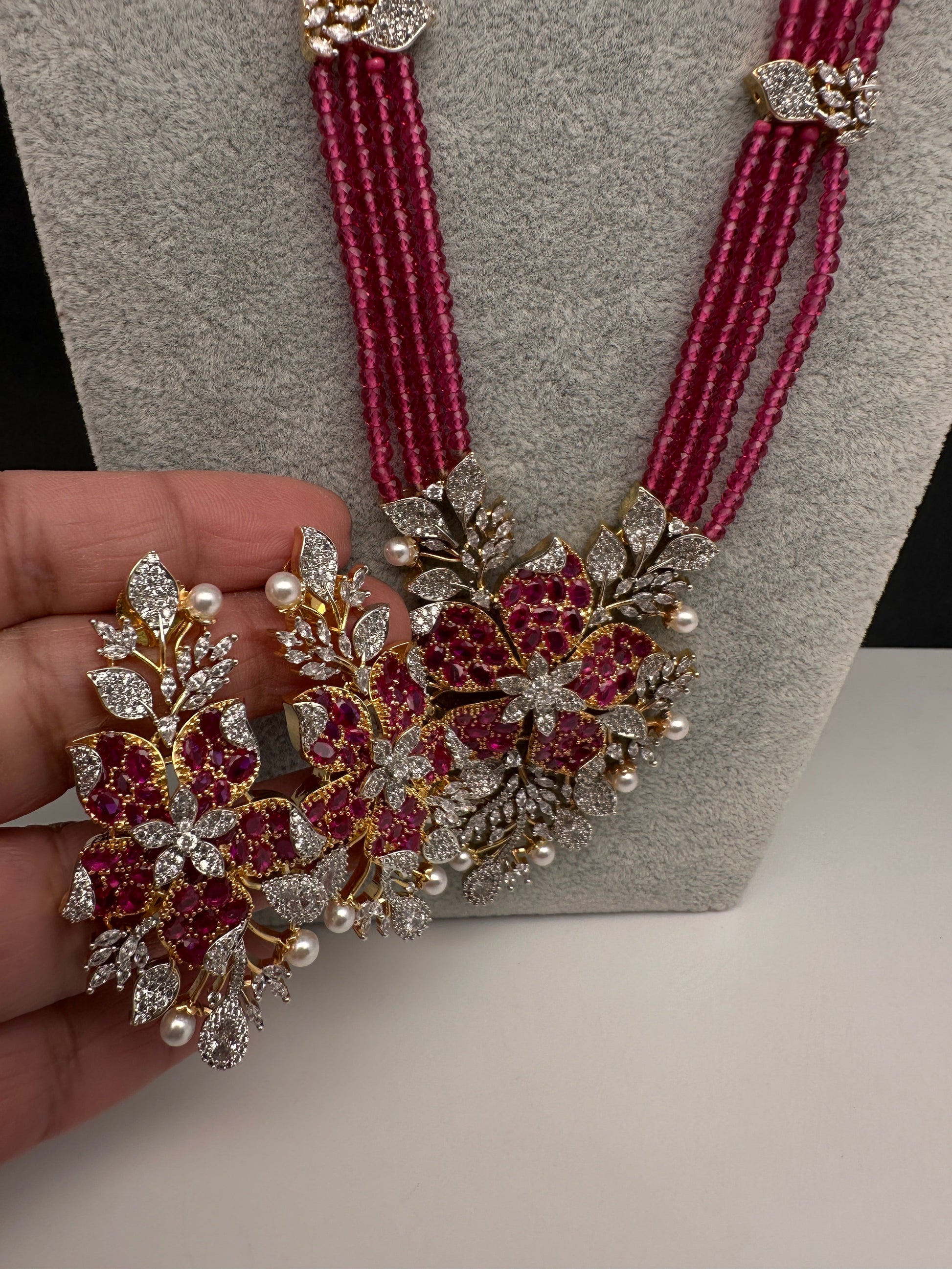 CZ Nano Stones Beads Long Color  Necklace - Red