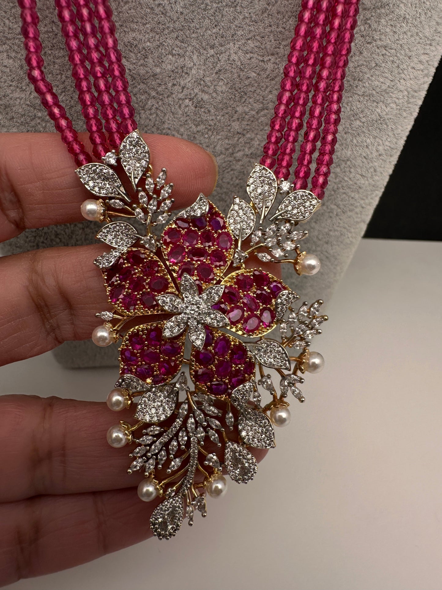 CZ Nano Stones Beads Long Color  Necklace - Red