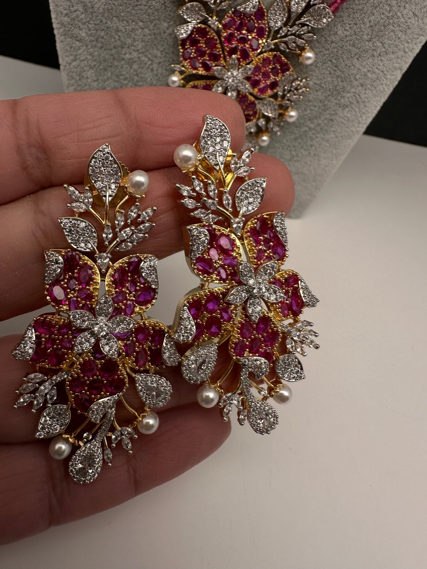 CZ Nano Stones Beads Long Color  Necklace - Red