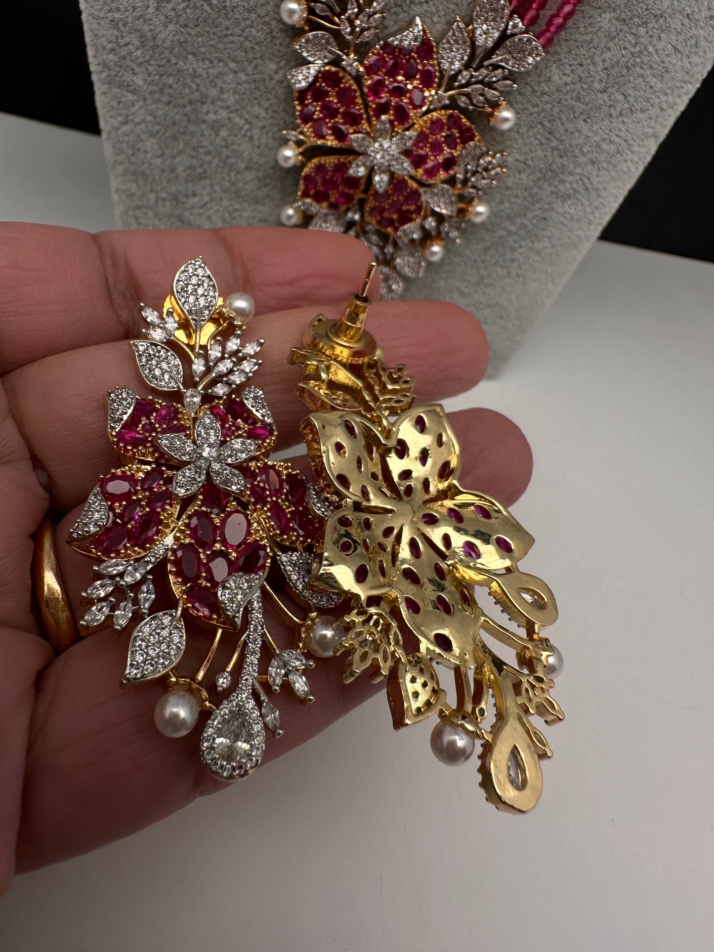 CZ Nano Stones Beads Long Color  Necklace - Red