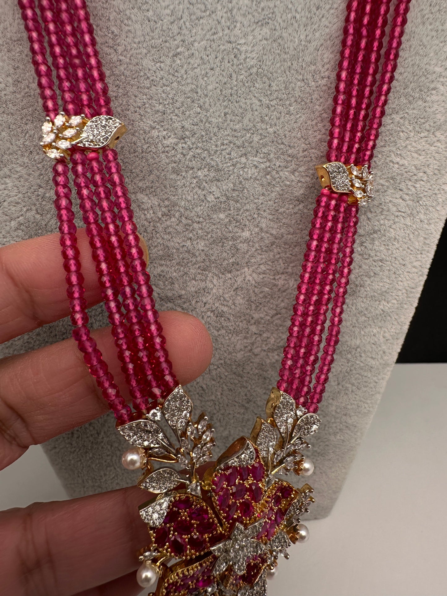 CZ Nano Stones Beads Long Color  Necklace - Red