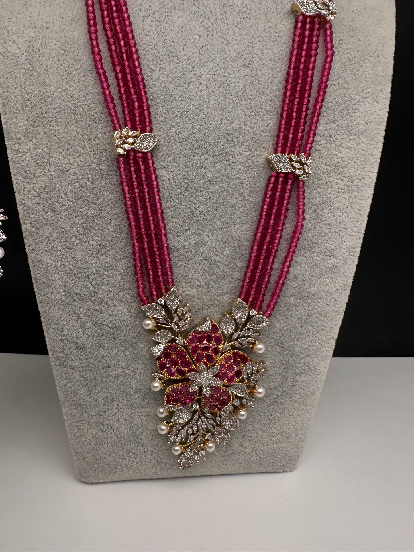 CZ Nano Stones Beads Long Color  Necklace - Red