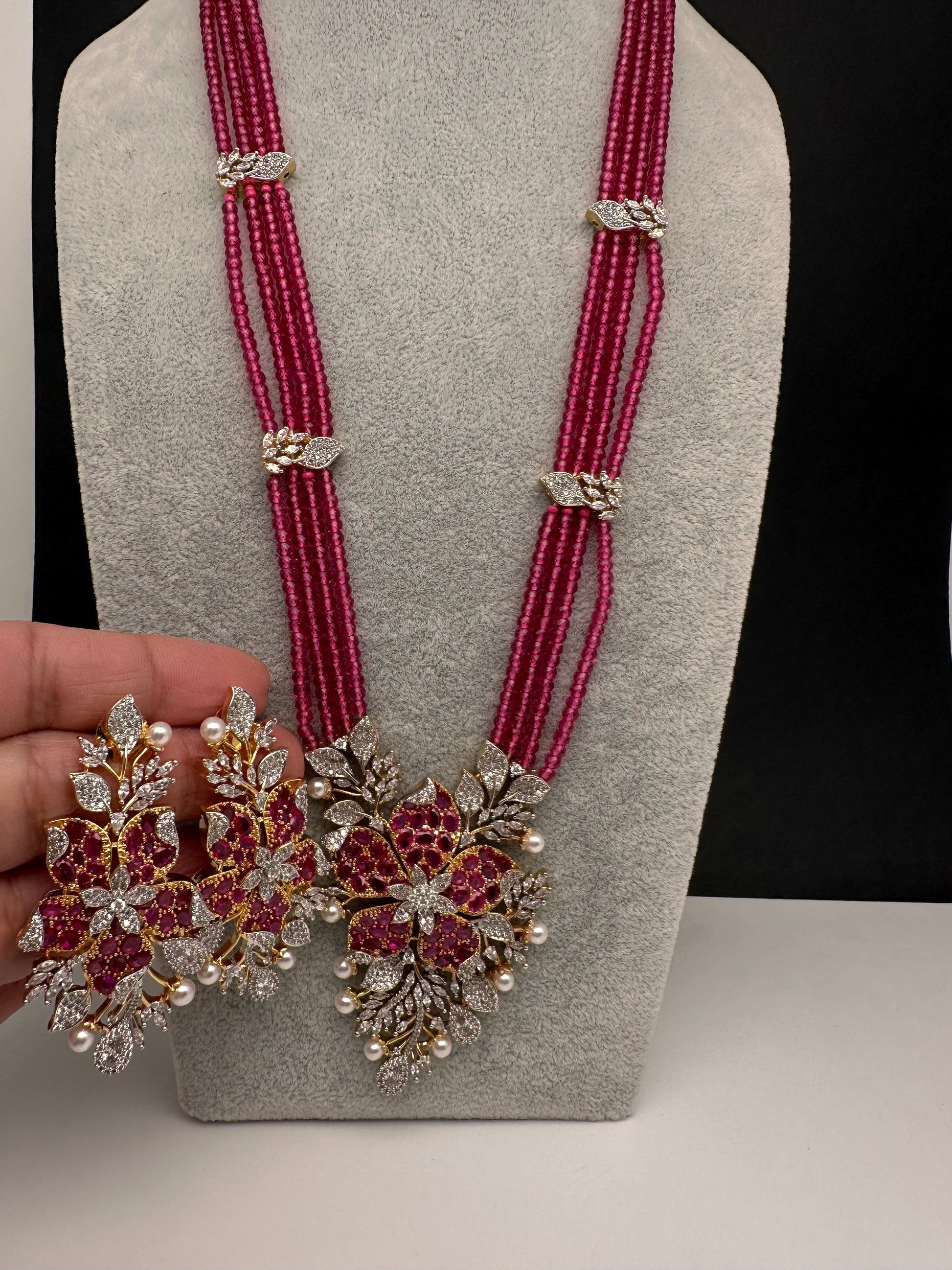 CZ Nano Stones Beads Long Color  Necklace - Red