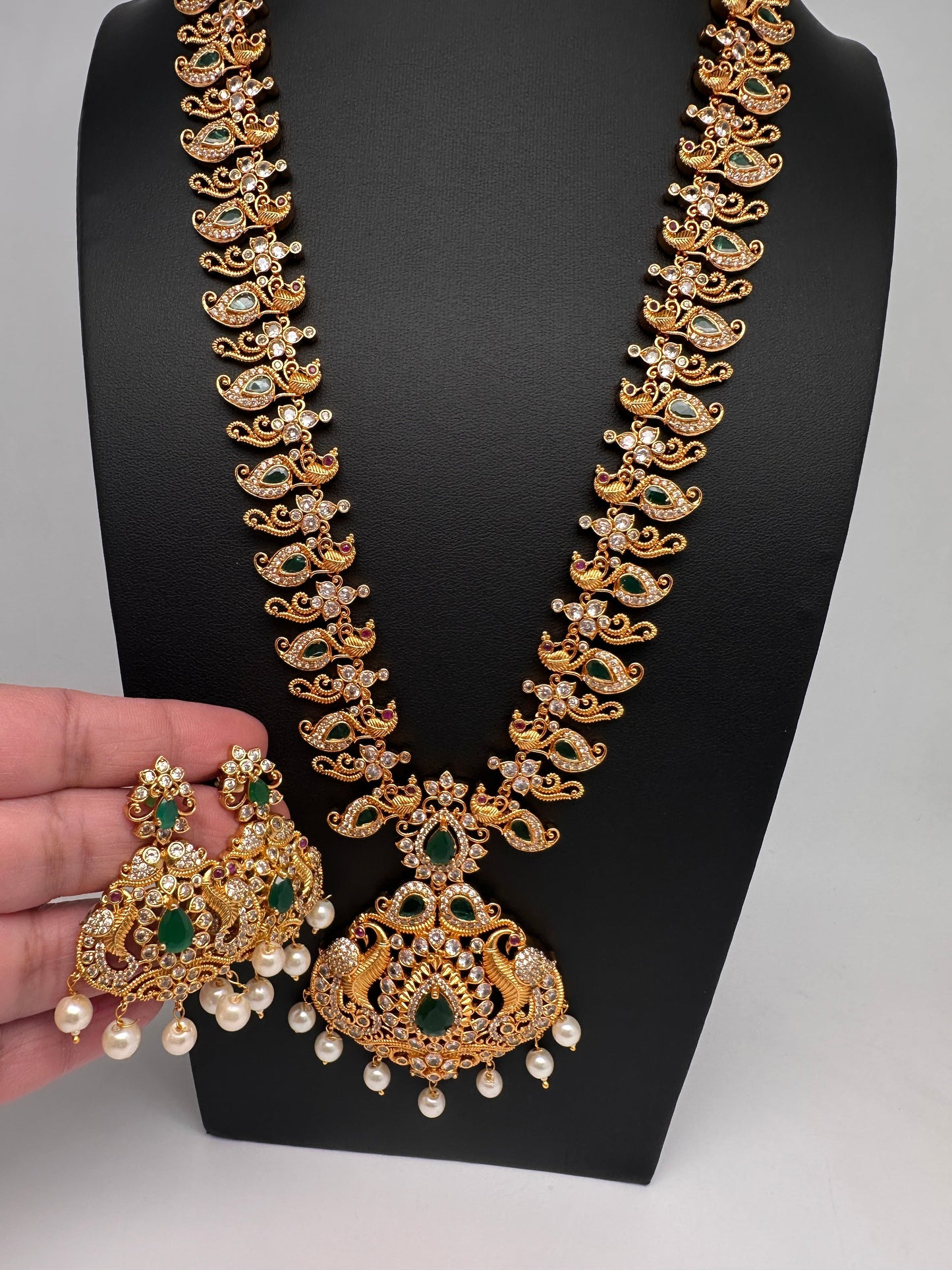 CZ Green Peacock Long Mango Mala Necklace