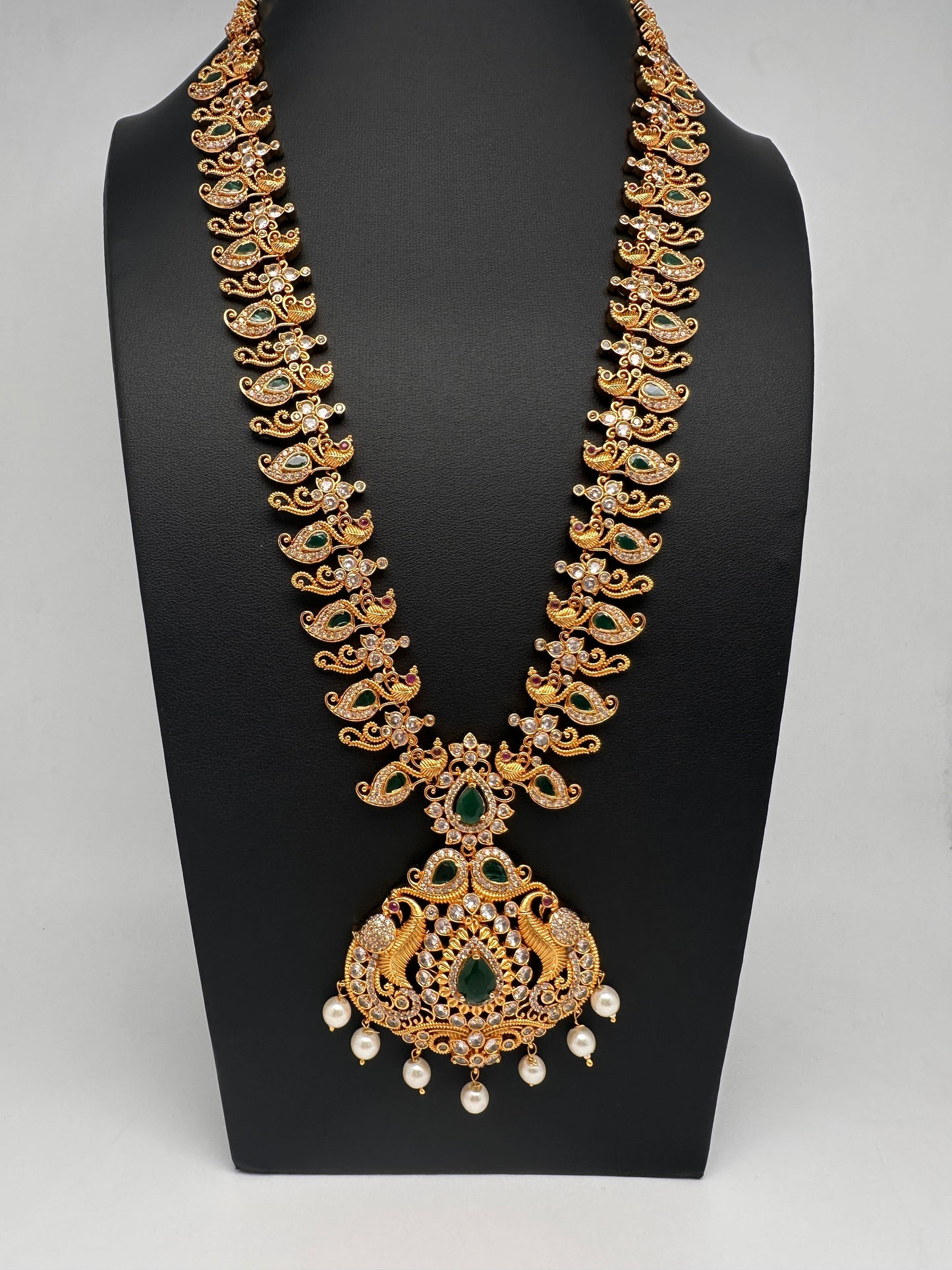 CZ Green Peacock Long Mango Mala Necklace