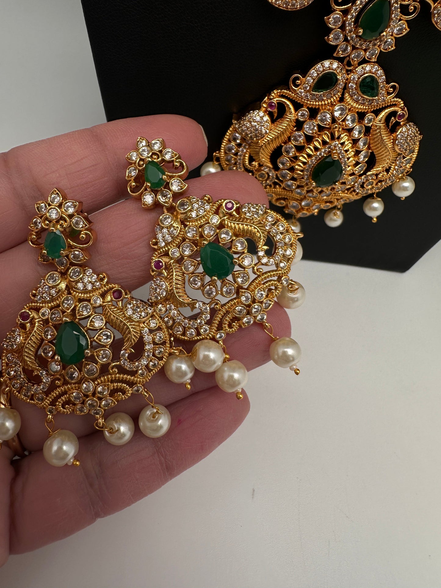 CZ Green Peacock Long Mango Mala Necklace