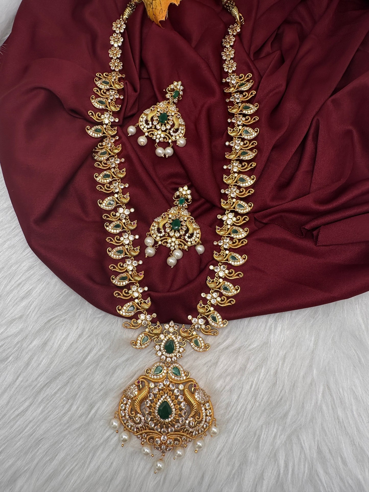 CZ Green Peacock Long Mango Mala Necklace