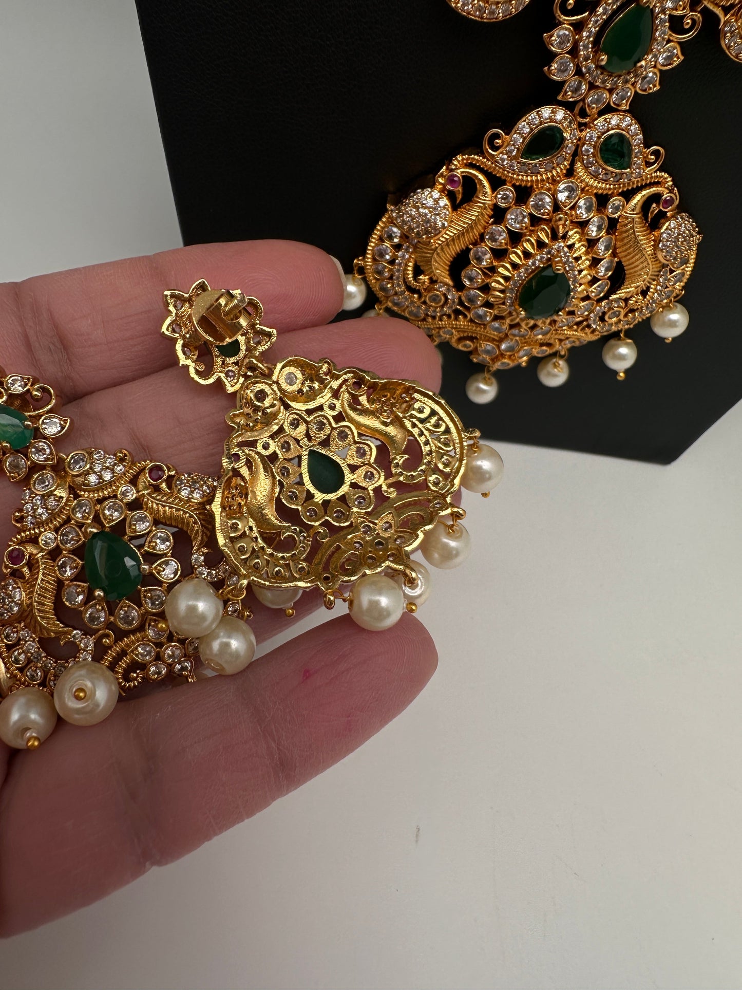 CZ Green Peacock Long Mango Mala Necklace