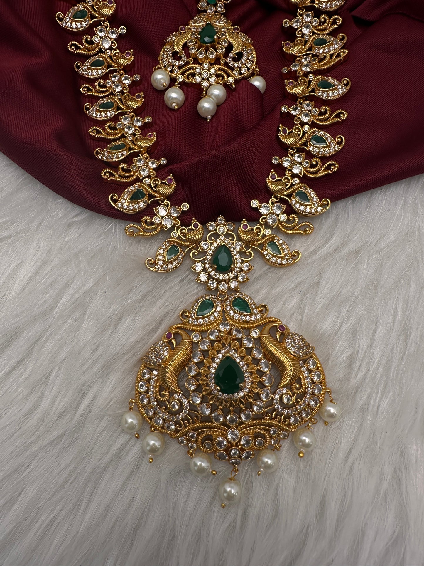 CZ Green Peacock Long Mango Mala Necklace