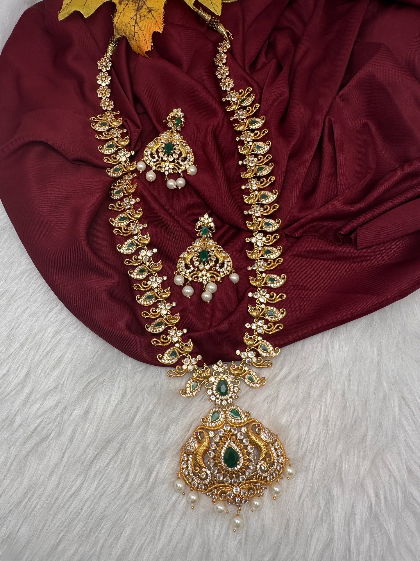 CZ Green Peacock Long Mango Mala Necklace