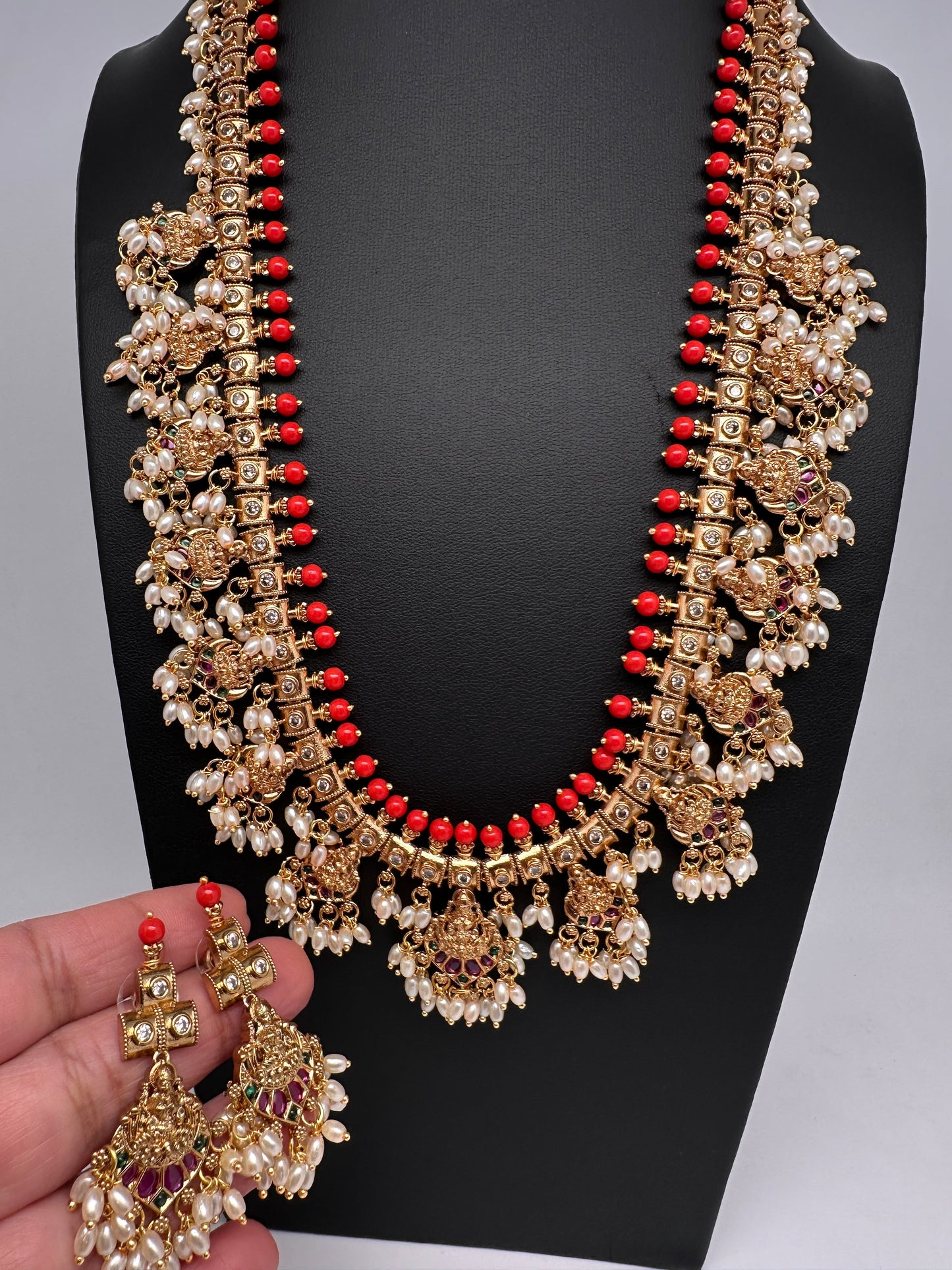 Matte CZ Guttapusalu Traditional Long Necklace - Coral