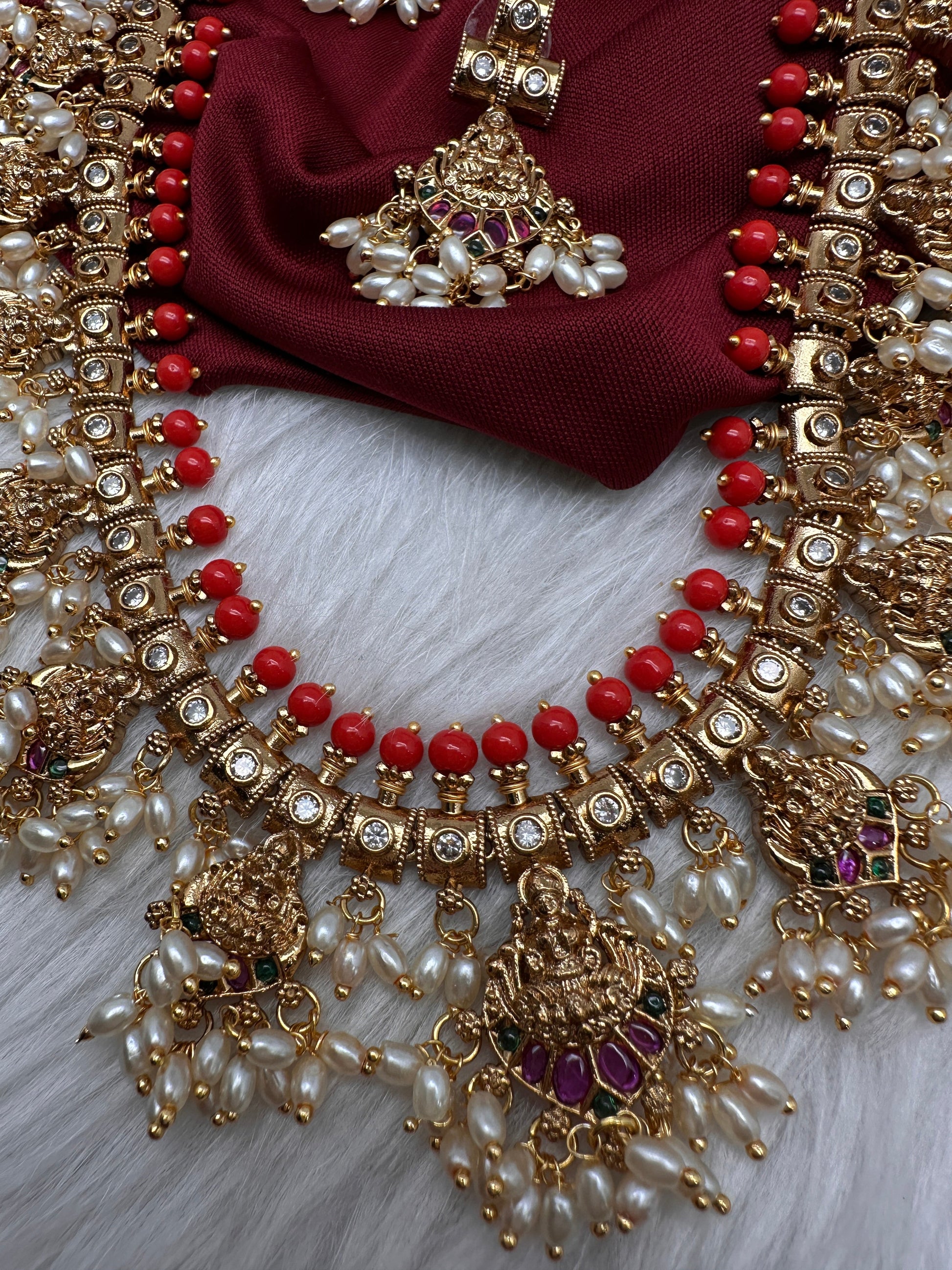 Matte CZ Guttapusalu Traditional Long Necklace - Coral