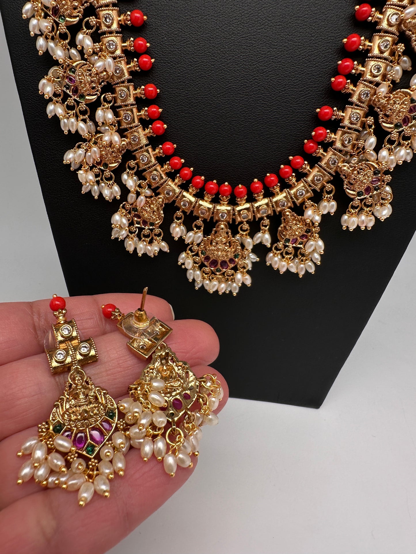 Matte CZ Guttapusalu Traditional Long Necklace - Coral