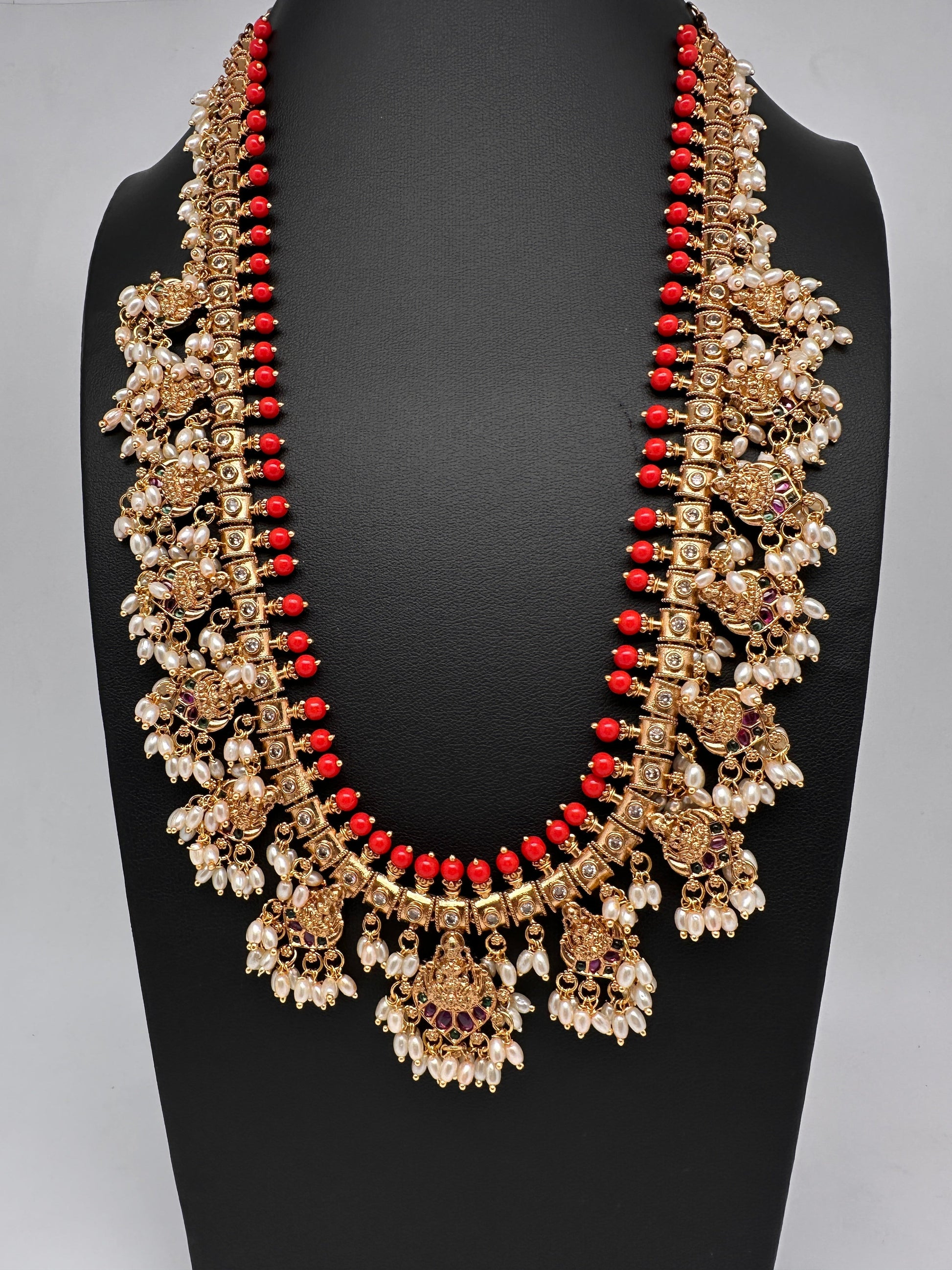 Matte CZ Guttapusalu Traditional Long Necklace - Coral