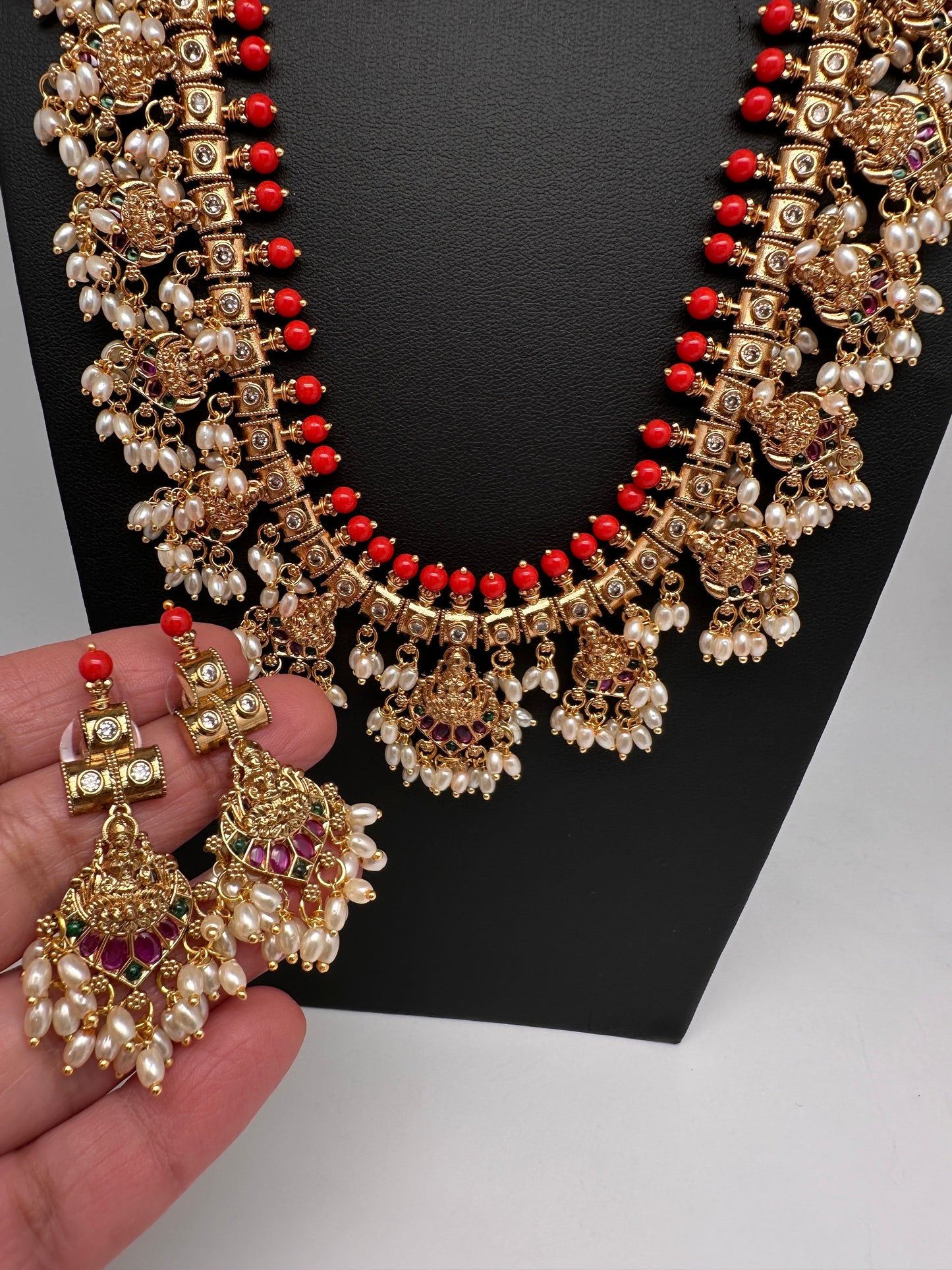 Matte CZ Guttapusalu Traditional Long Necklace - Coral