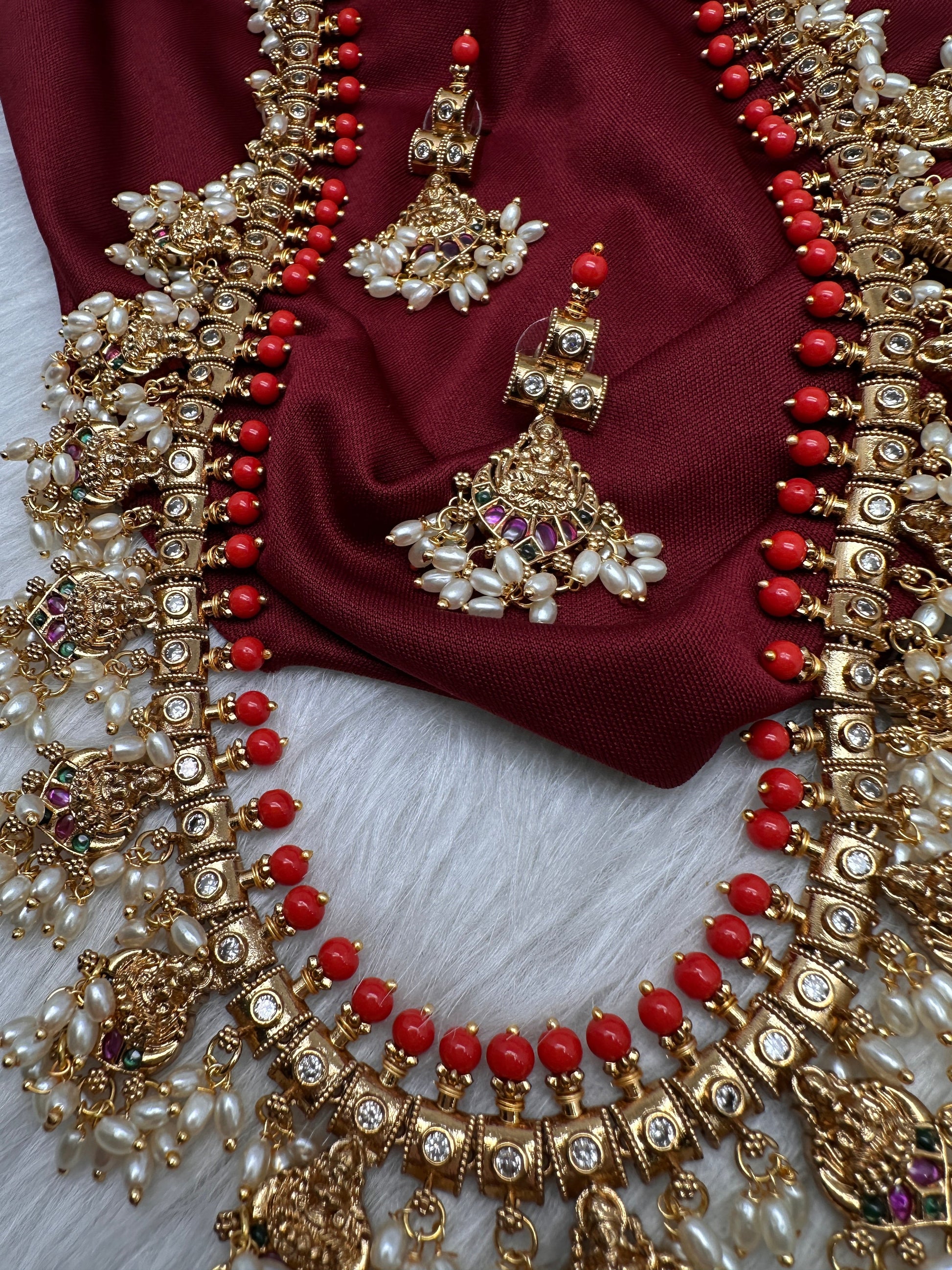 Matte CZ Guttapusalu Traditional Long Necklace - Coral