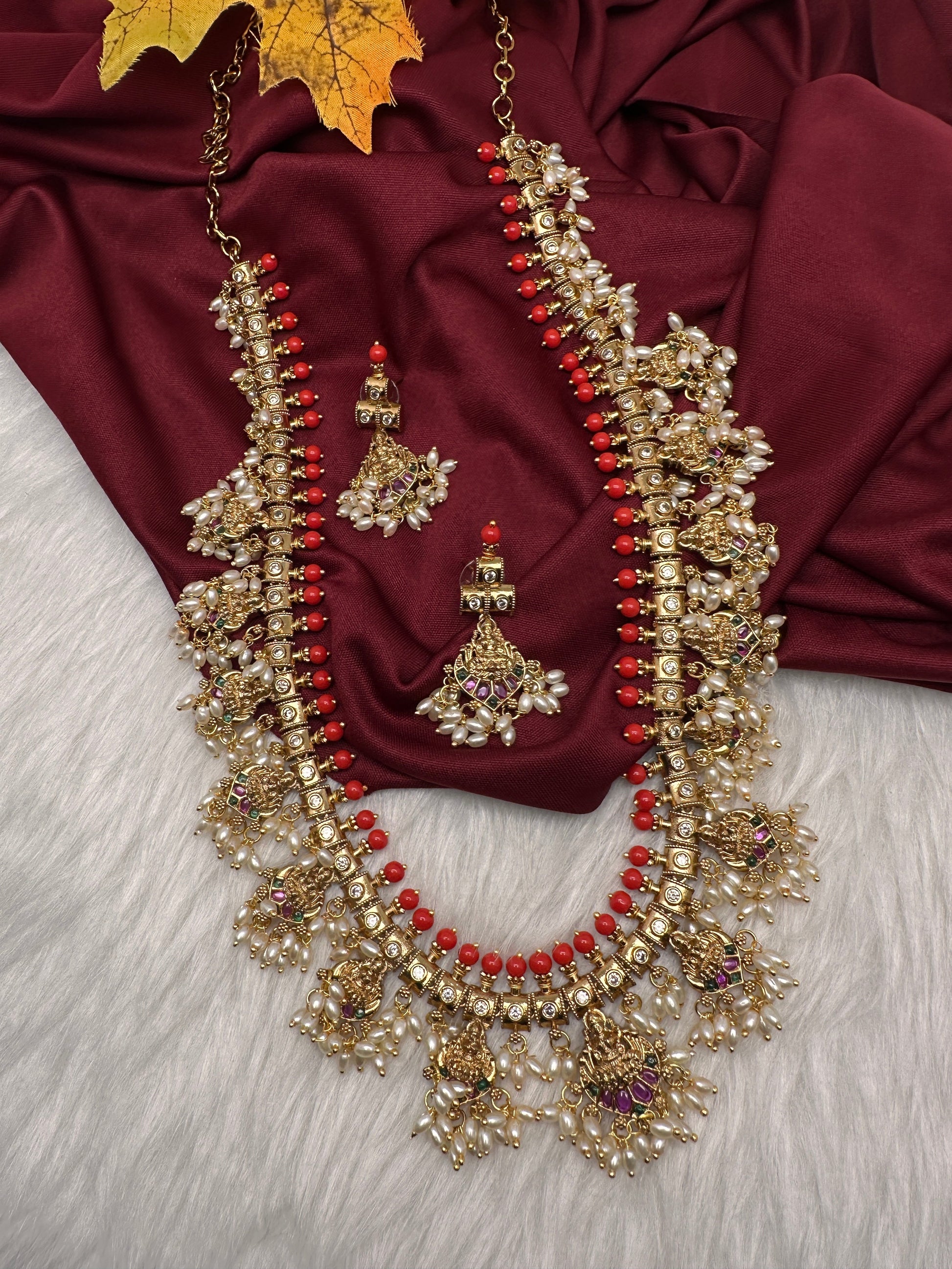 Matte CZ Guttapusalu Traditional Long Necklace - Coral