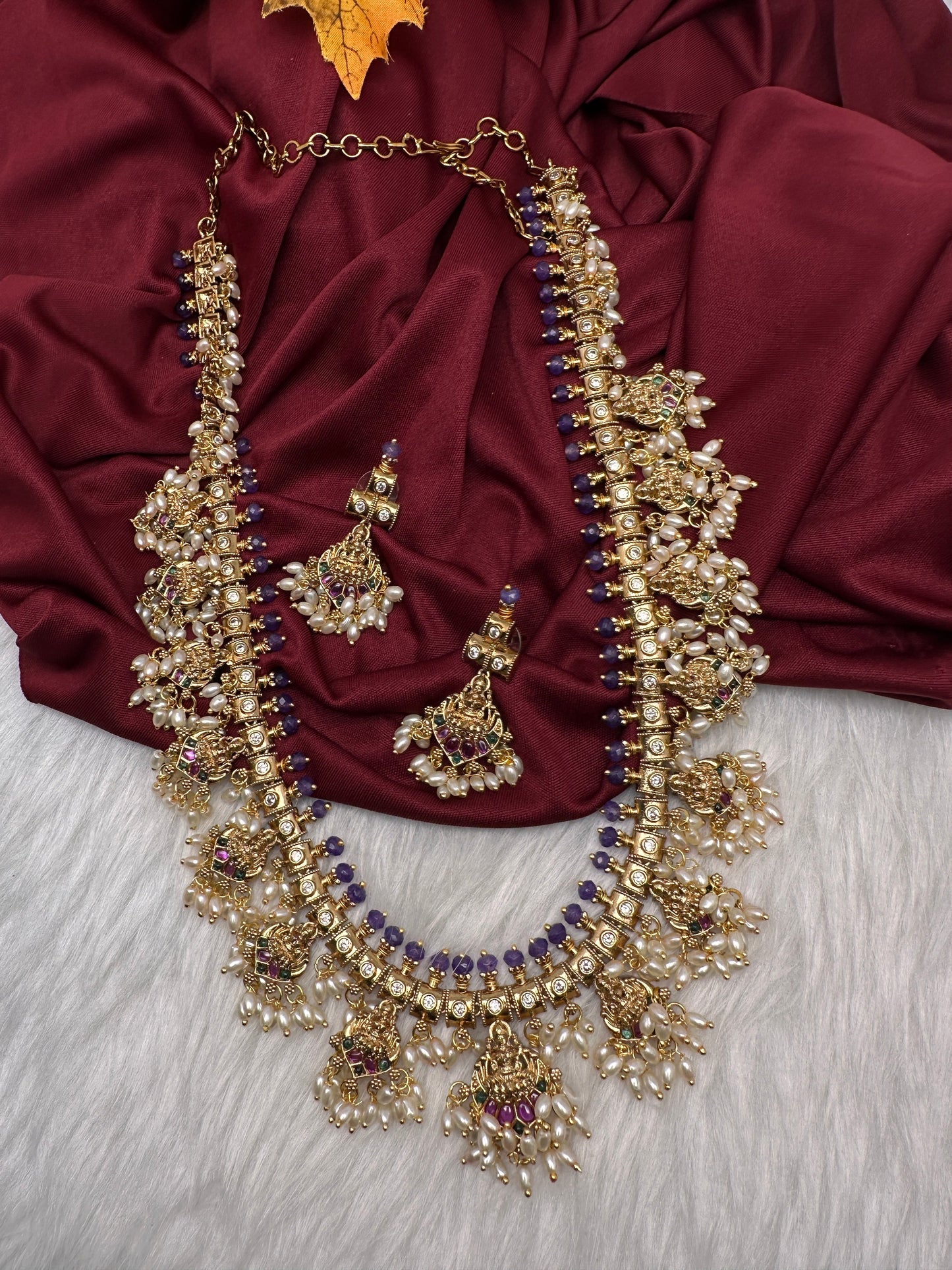 Matte CZ Guttapusalu Traditional Long Necklace - Purple