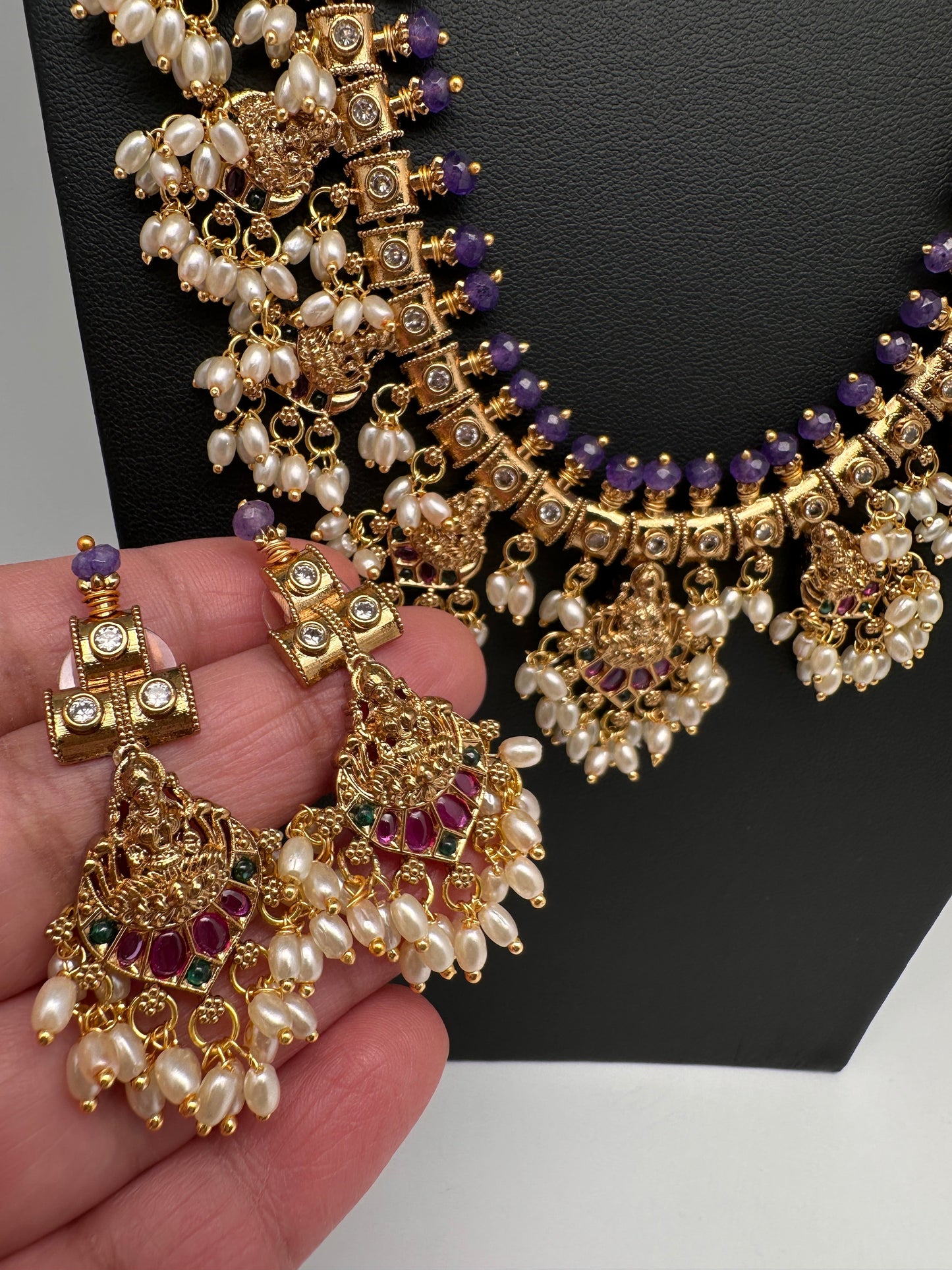 Matte CZ Guttapusalu Traditional Long Necklace - Purple