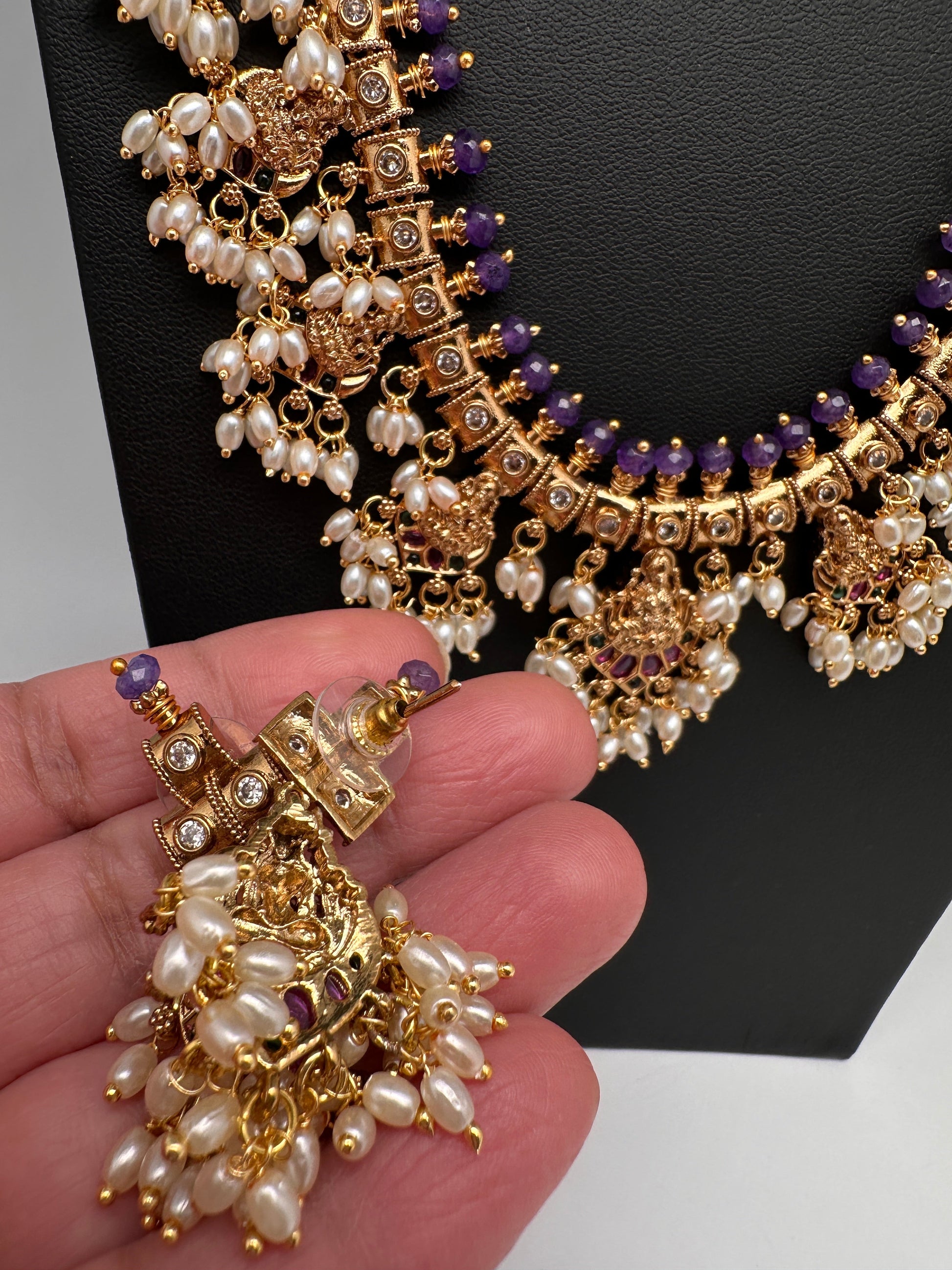 Matte CZ Guttapusalu Traditional Long Necklace - Purple