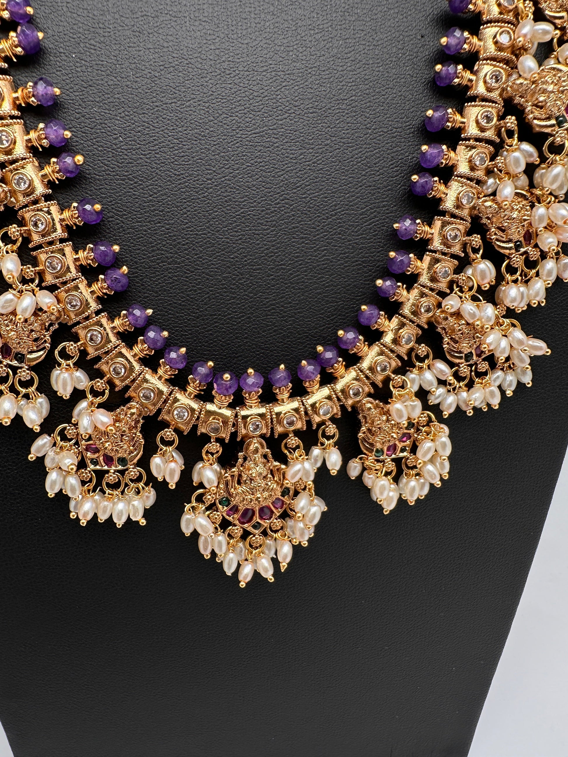 Matte CZ Guttapusalu Traditional Long Necklace - Purple