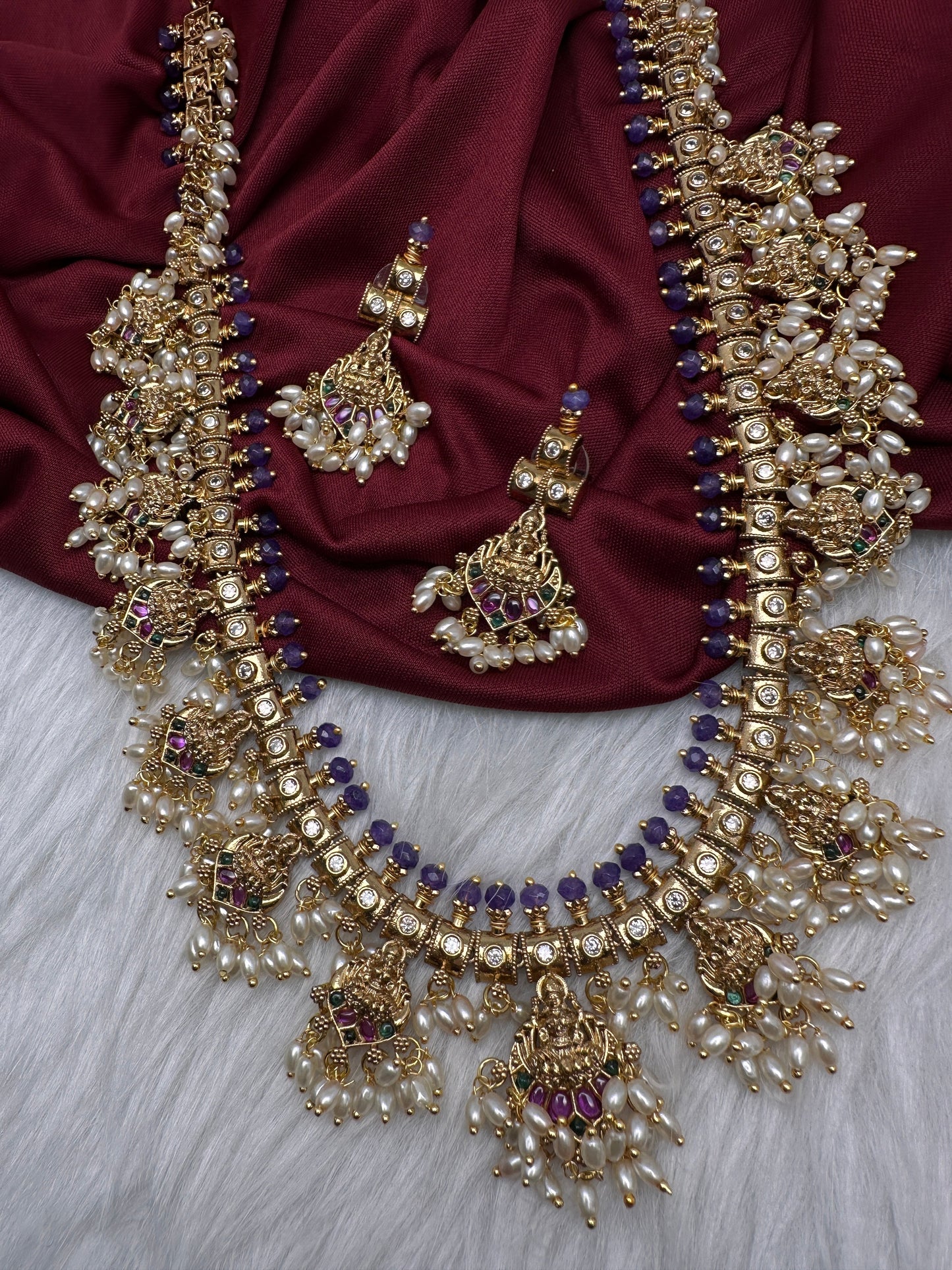 Matte CZ Guttapusalu Traditional Long Necklace - Purple