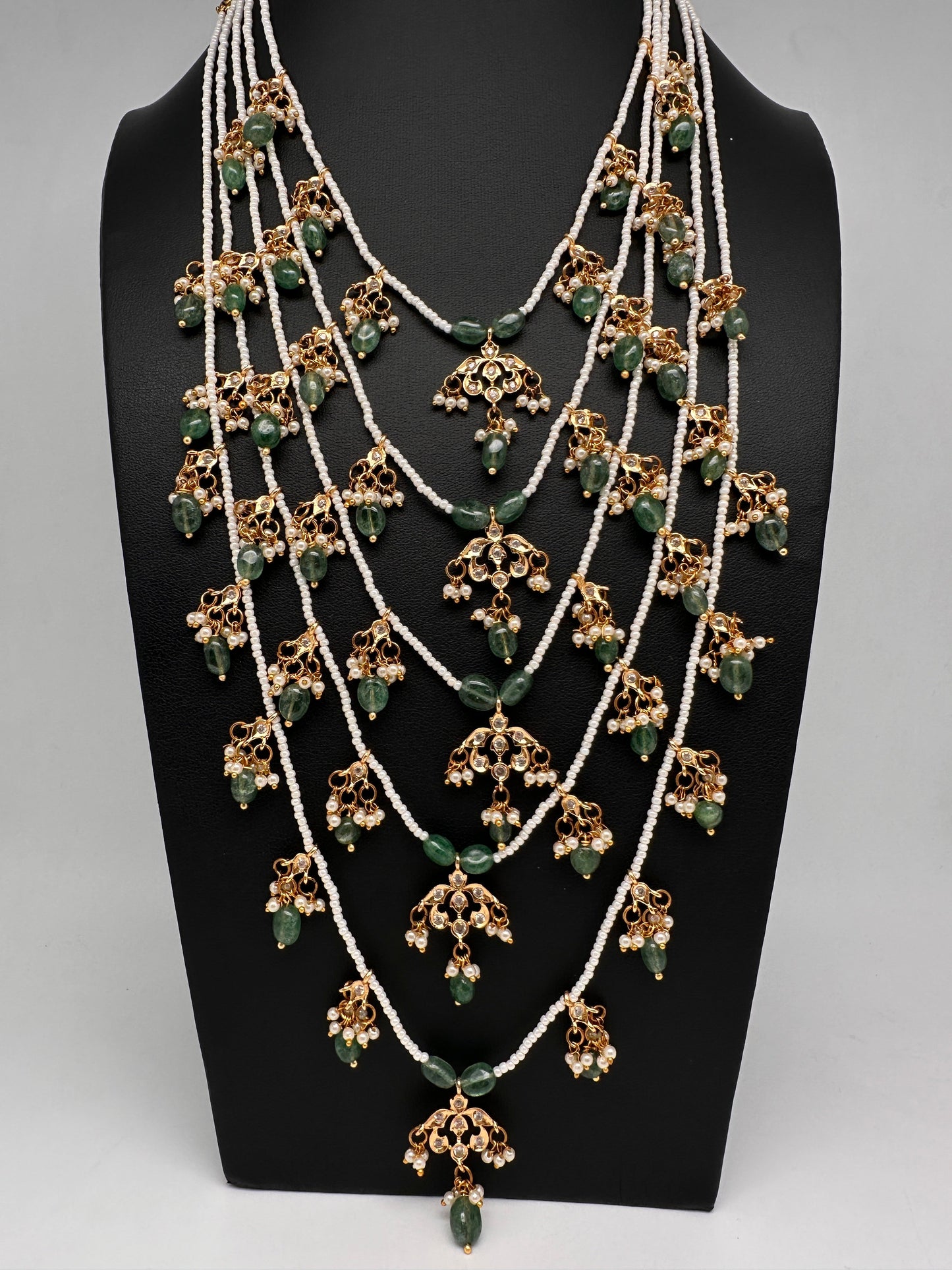 Panch Lada Pearls and Emerald Beads Long Necklace