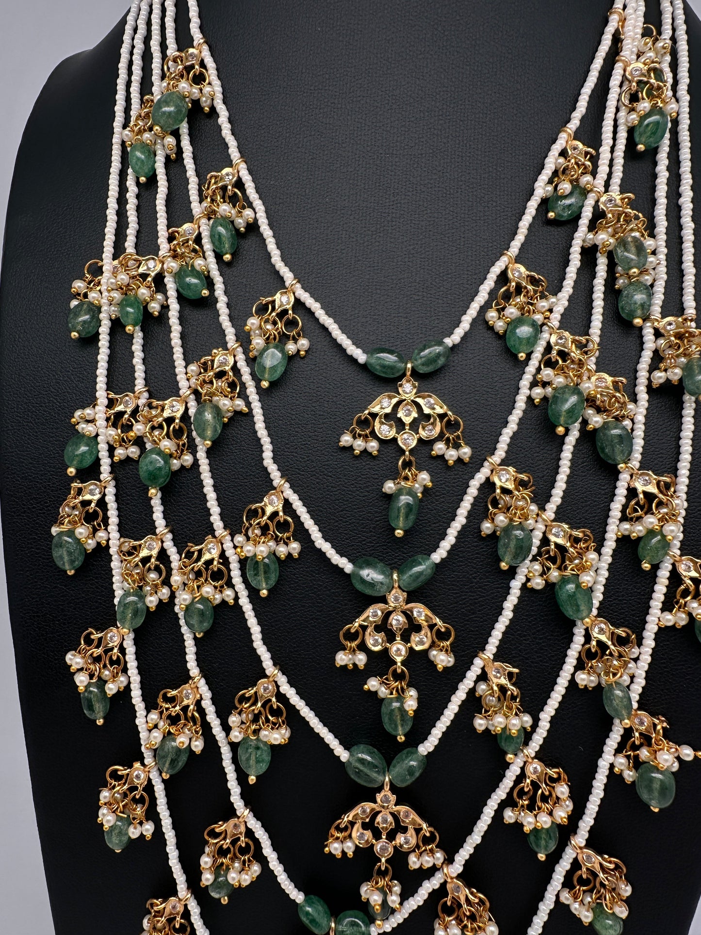 Panch Lada Pearls and Emerald Beads Long Necklace
