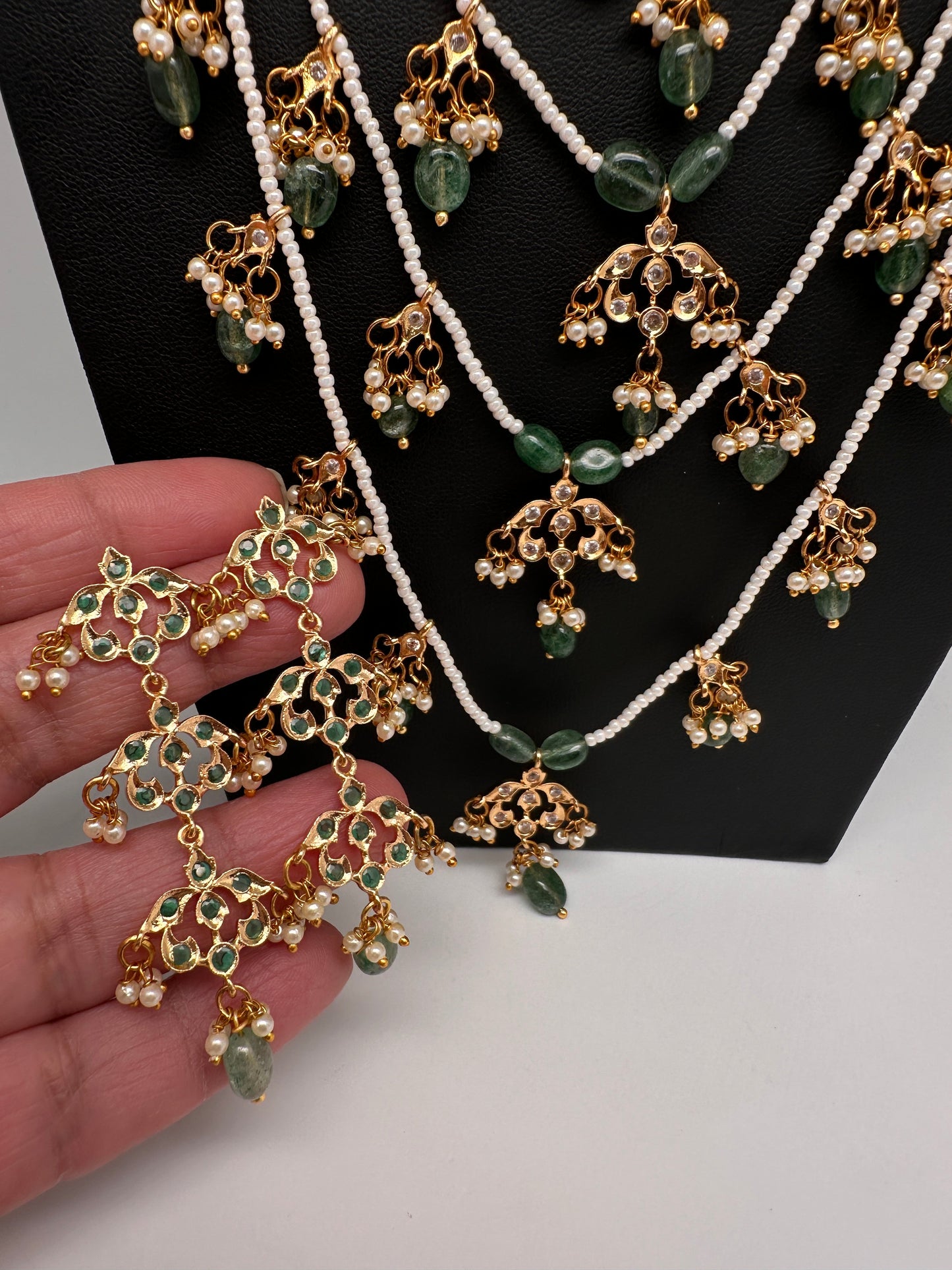 Panch Lada Pearls and Emerald Beads Long Necklace