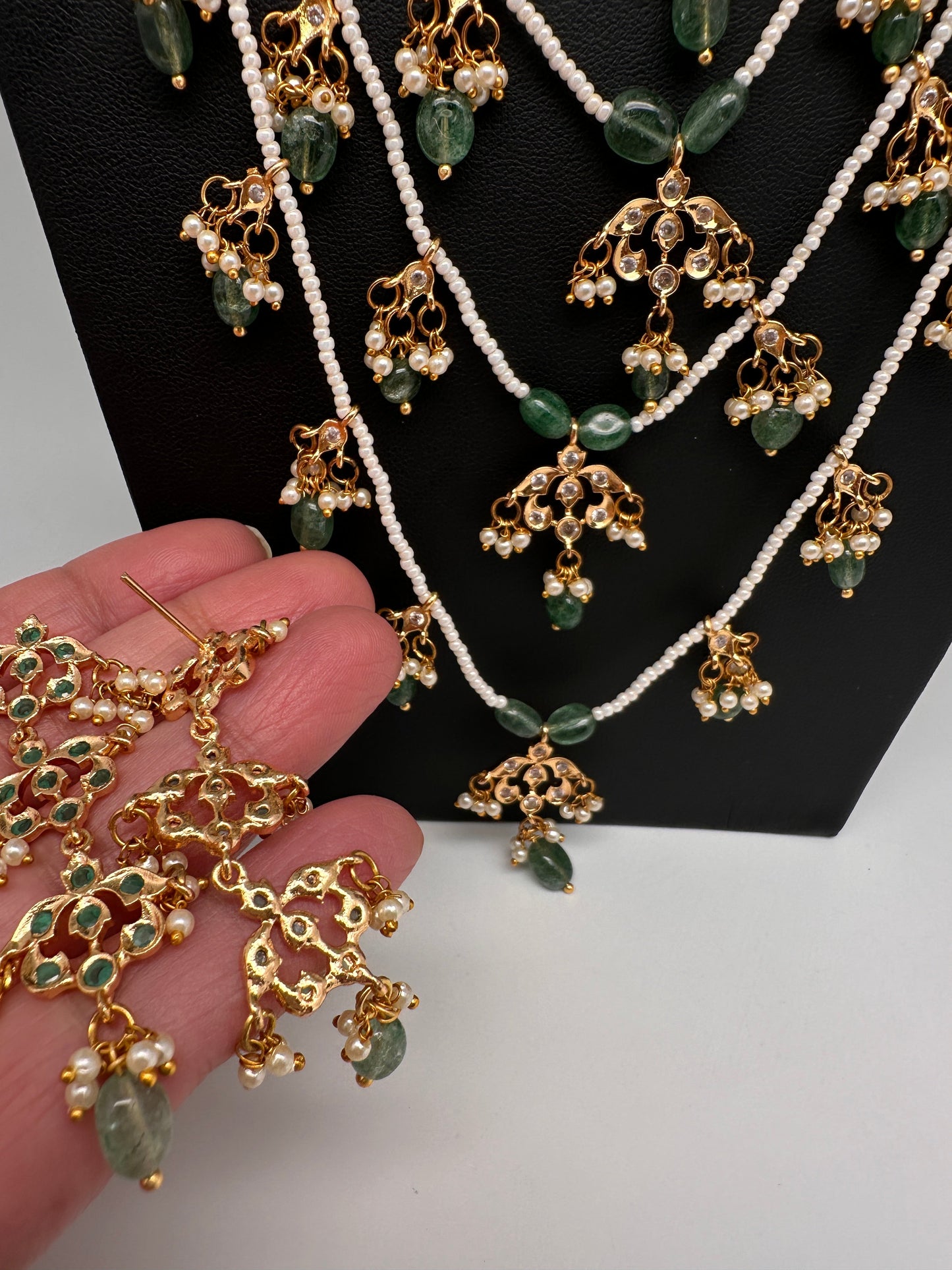 Panch Lada Pearls and Emerald Beads Long Necklace