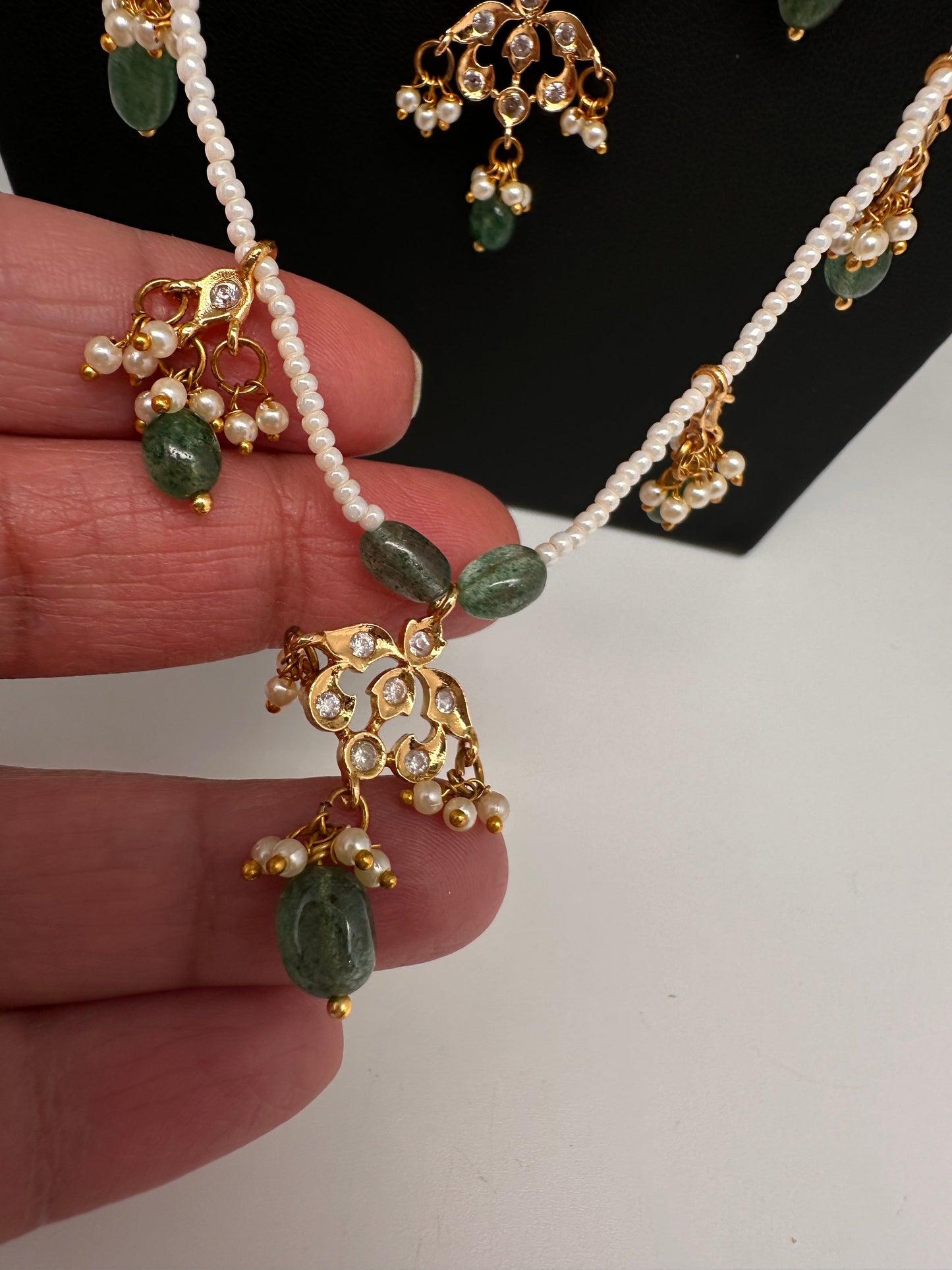 Panch Lada Pearls and Emerald Beads Long Necklace