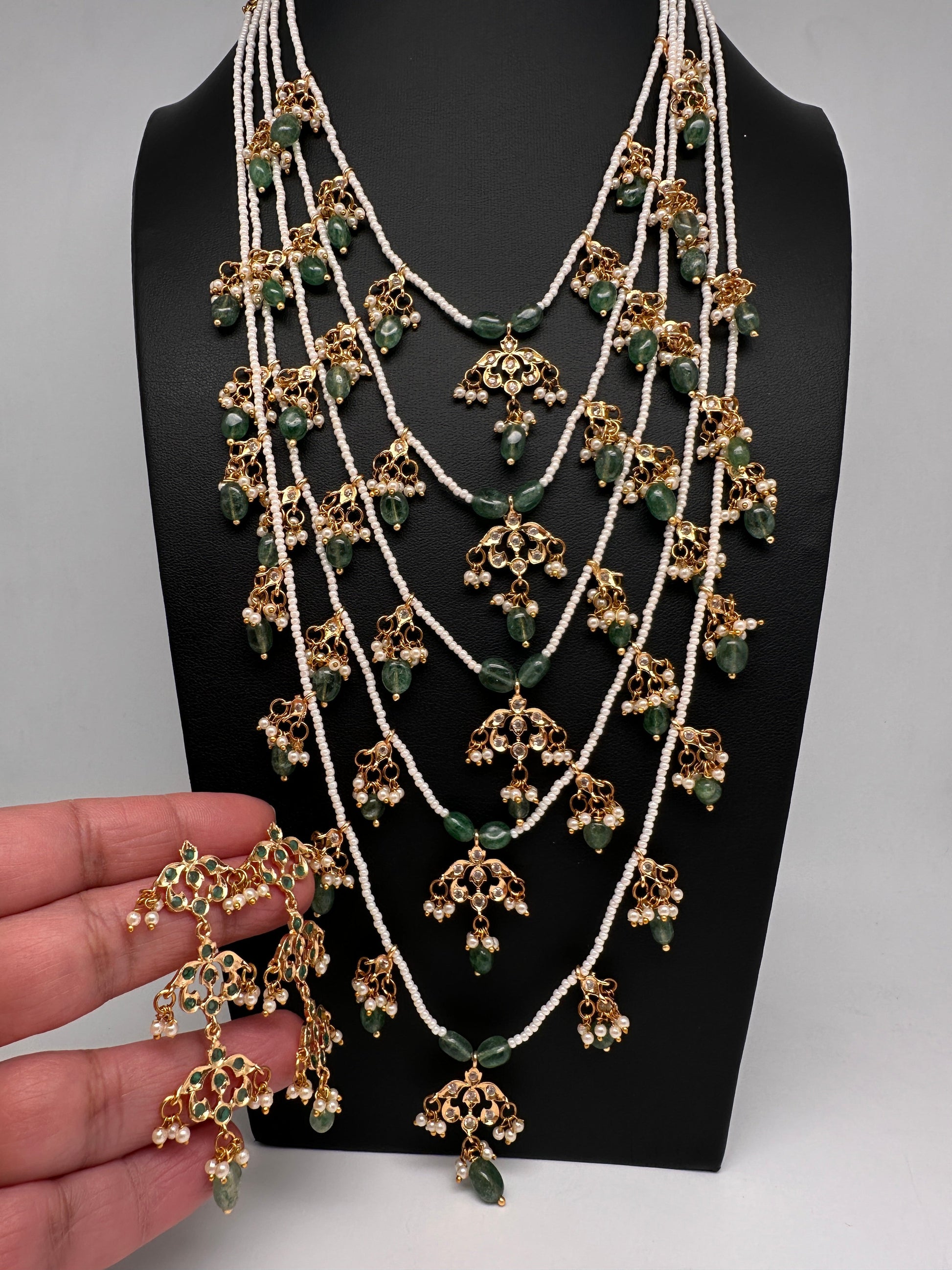 Panch Lada Pearls and Emerald Beads Long Necklace