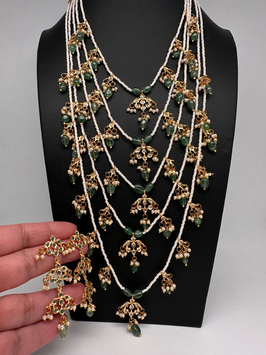 Panch Lada Pearls and Emerald Beads Long Necklace