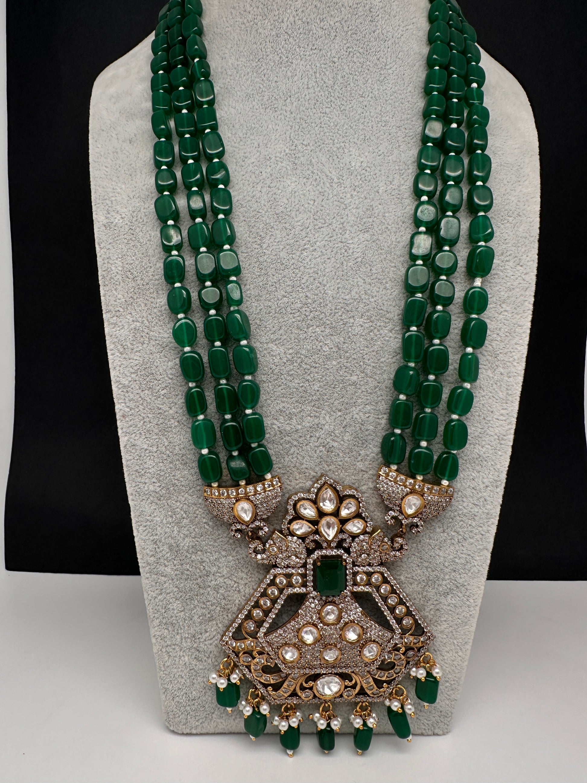 CZ Kundan Beads Long Necklace - Green