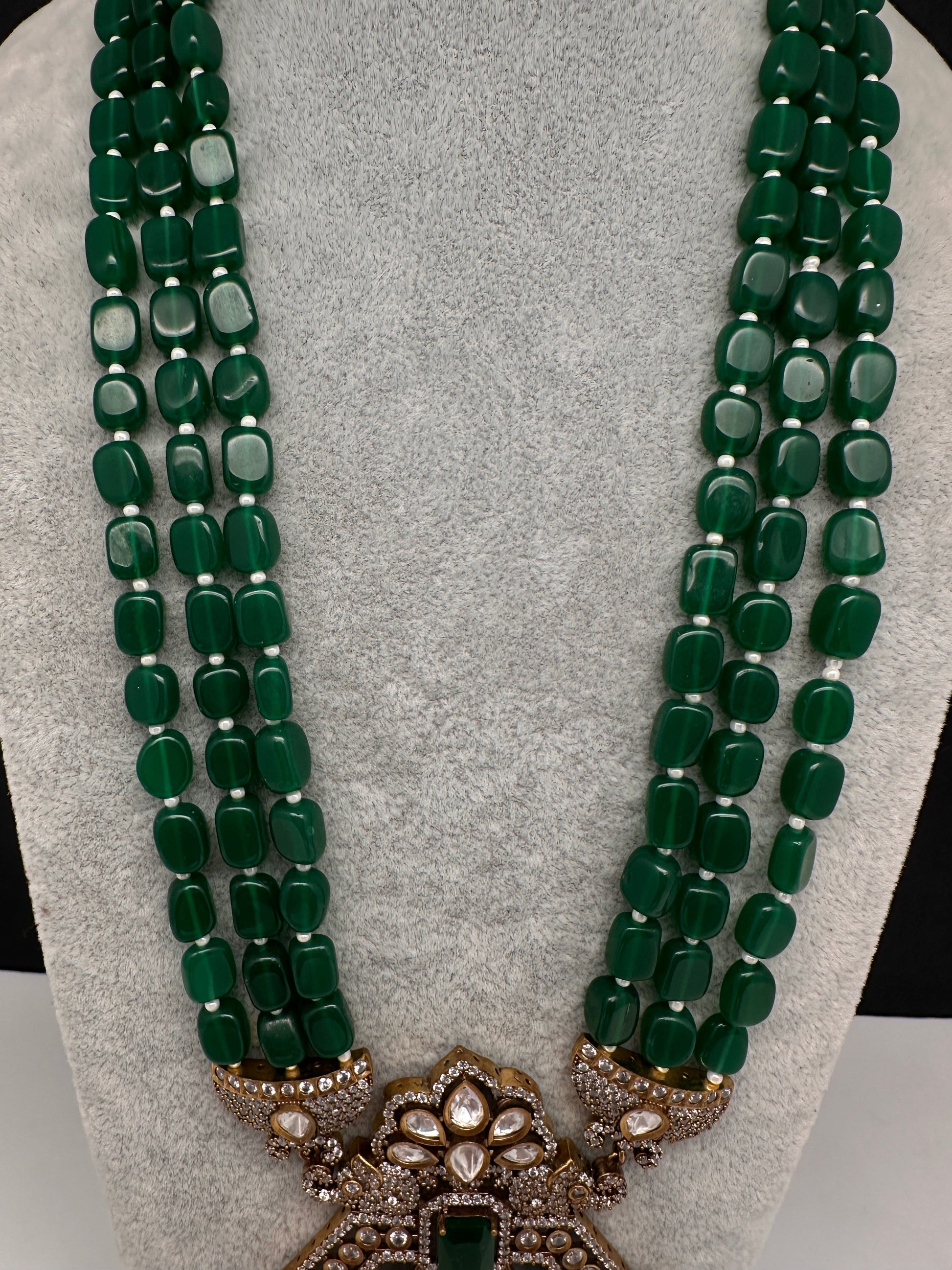 CZ Kundan Beads Long Necklace - Green