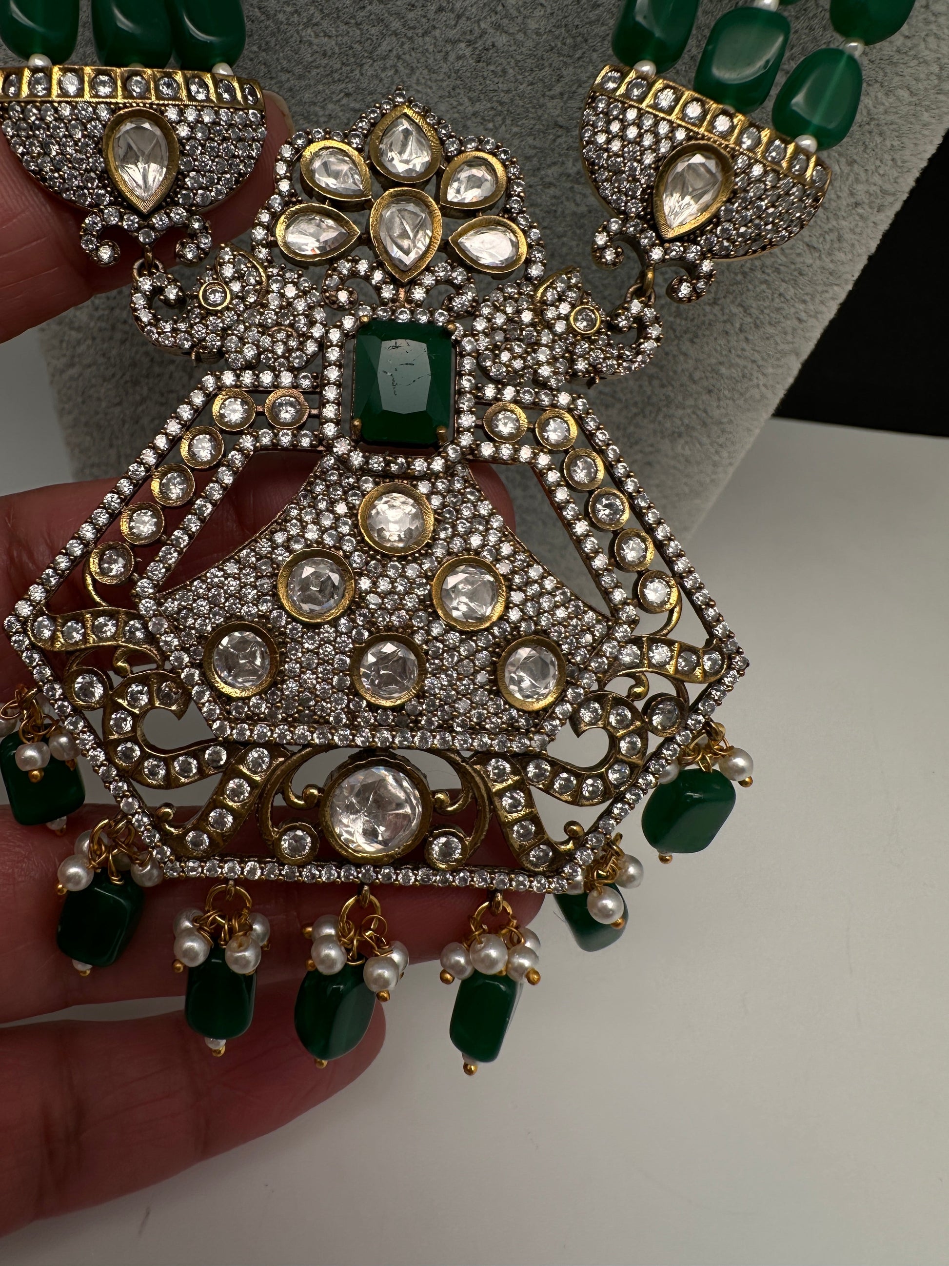 CZ Kundan Beads Long Necklace - Green