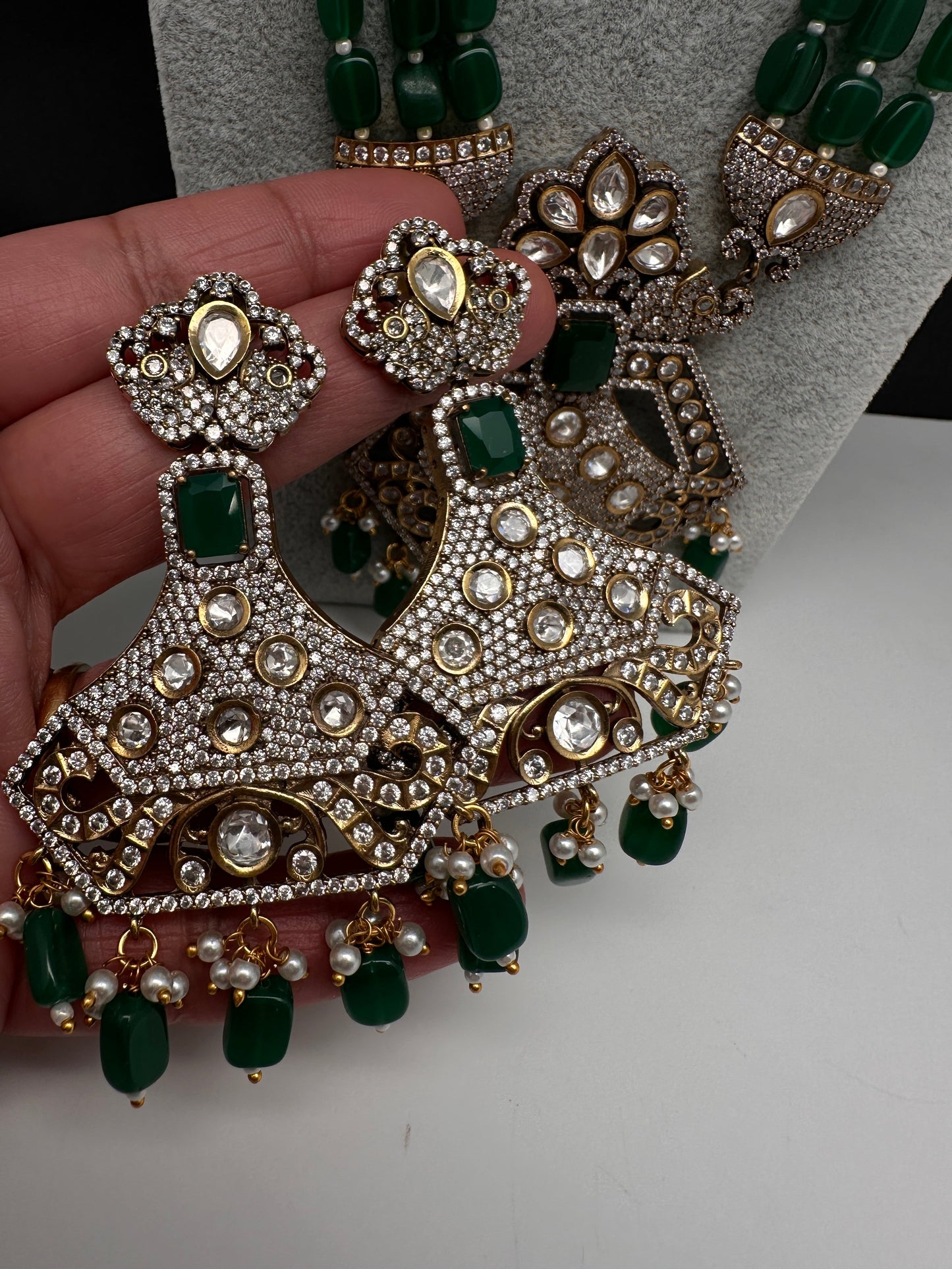 CZ Kundan Beads Long Necklace - Green