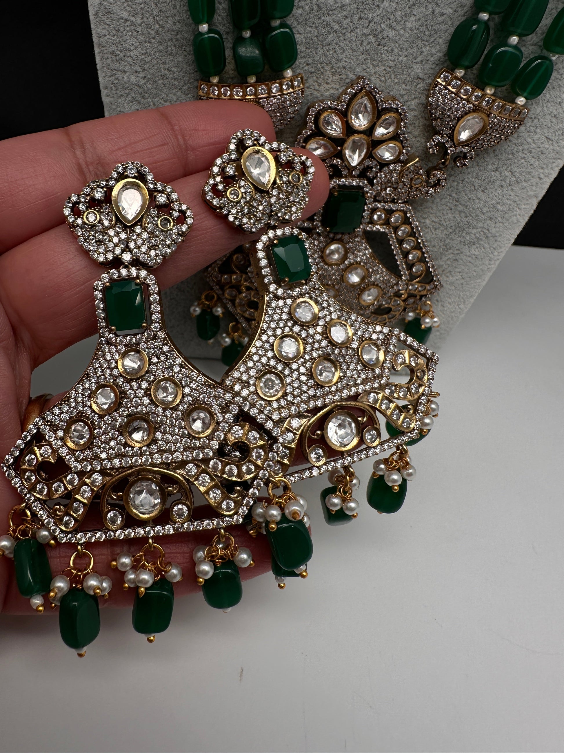 CZ Kundan Beads Long Necklace - Green