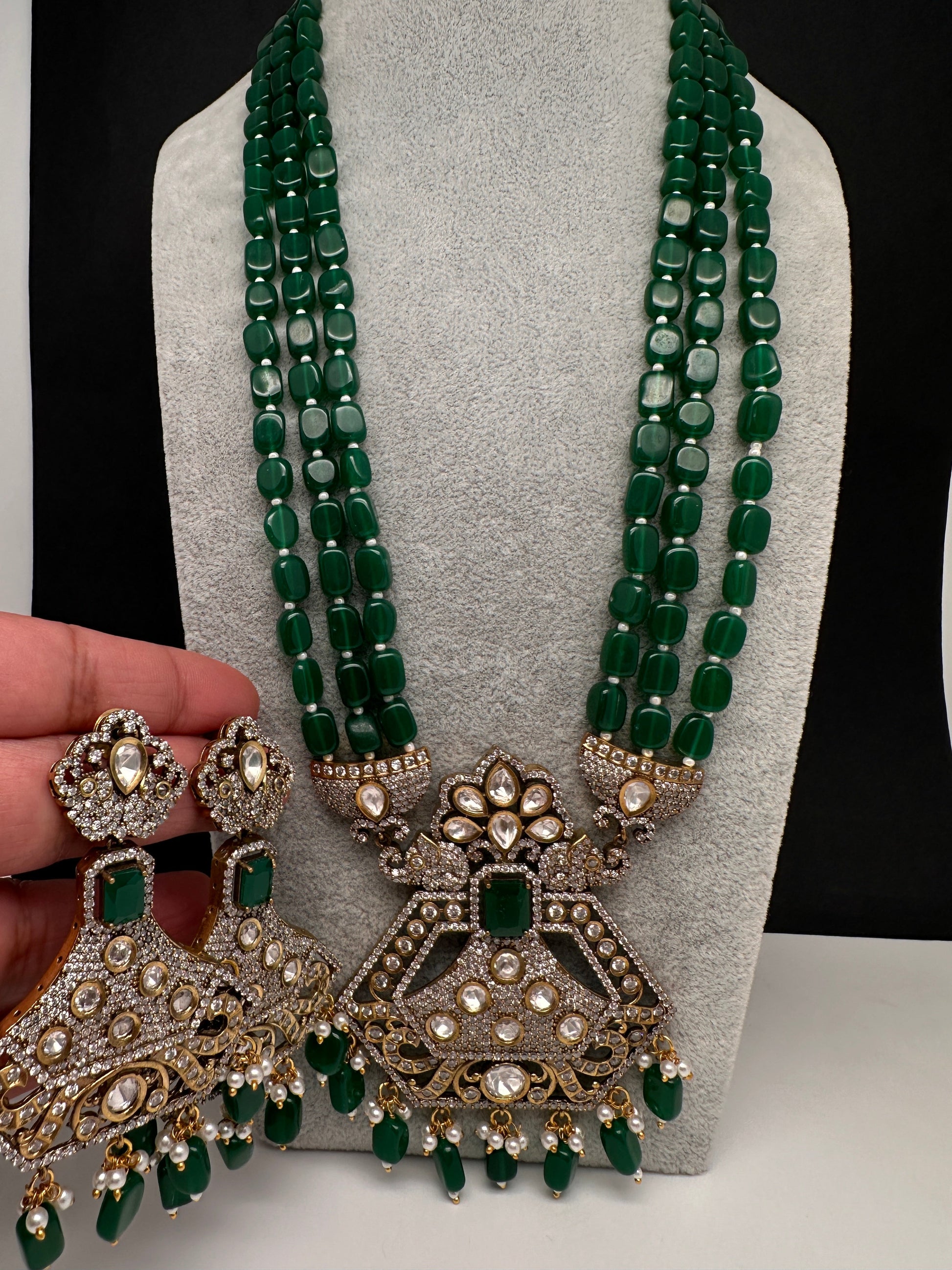 CZ Kundan Beads Long Necklace - Green