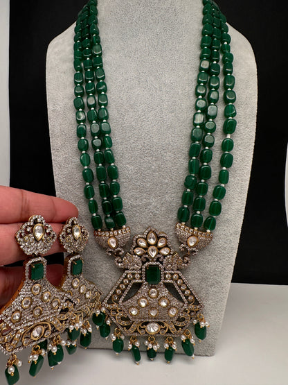 CZ Kundan Beads Long Necklace - Green