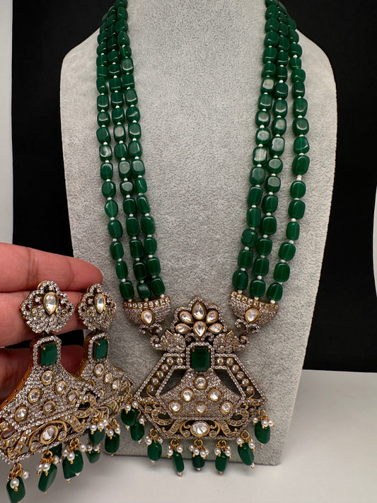 CZ Kundan Beads Long Necklace - Green