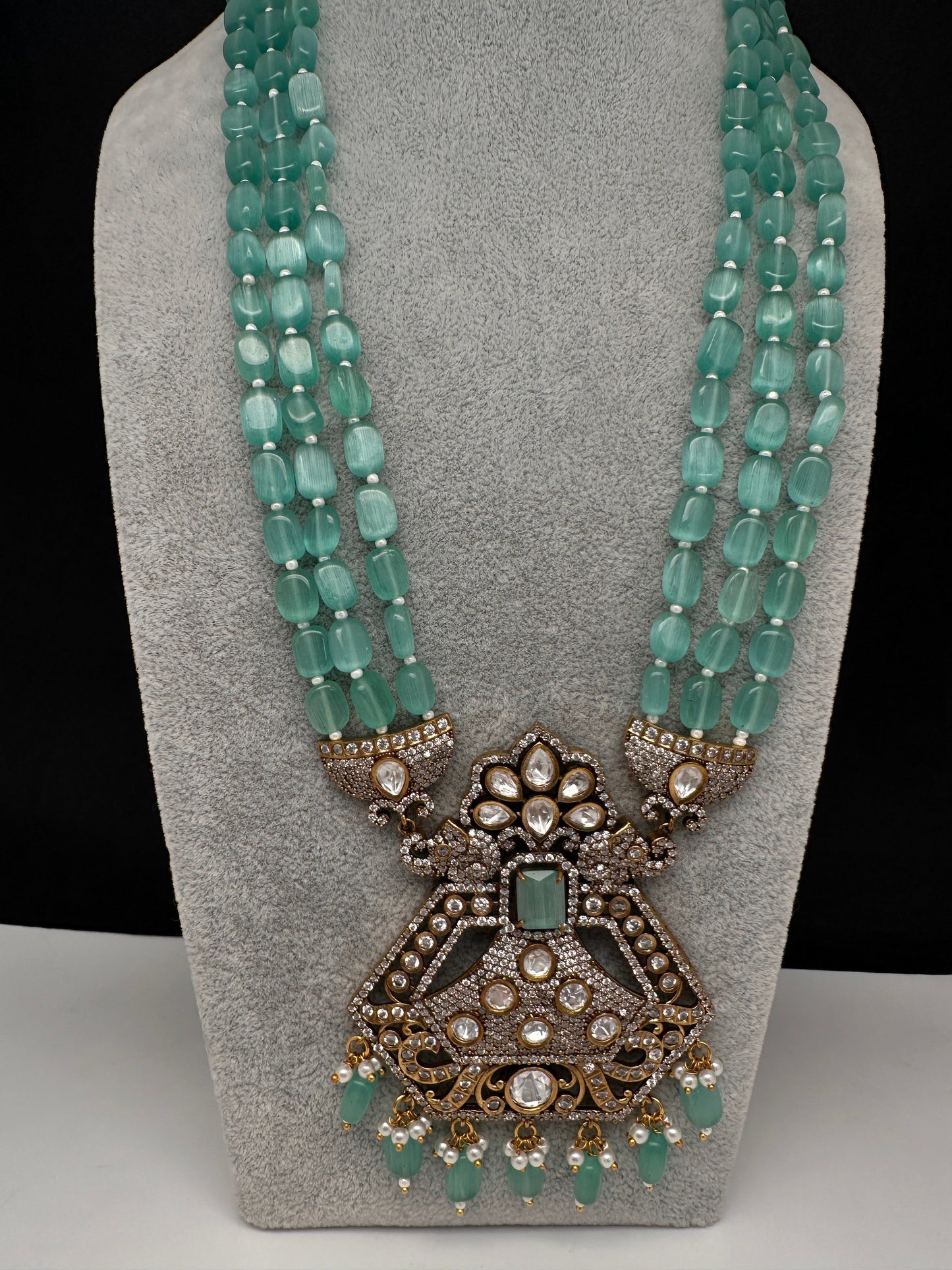 CZ Kundan Beads Long Necklace - MintGreen