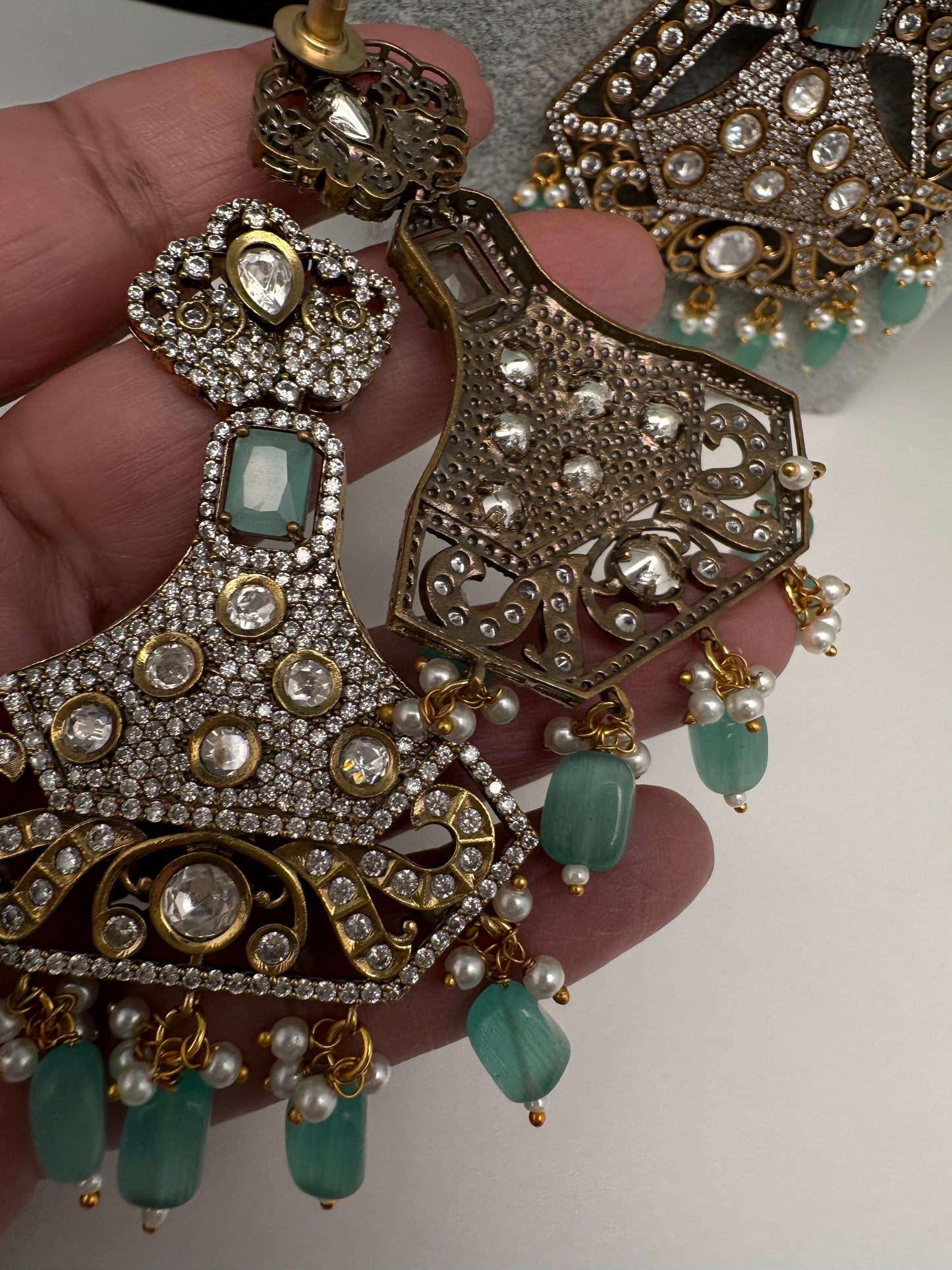 CZ Kundan Beads Long Necklace - MintGreen