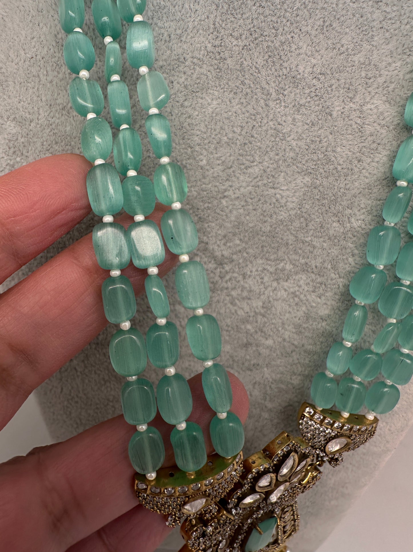 CZ Kundan Beads Long Necklace - MintGreen